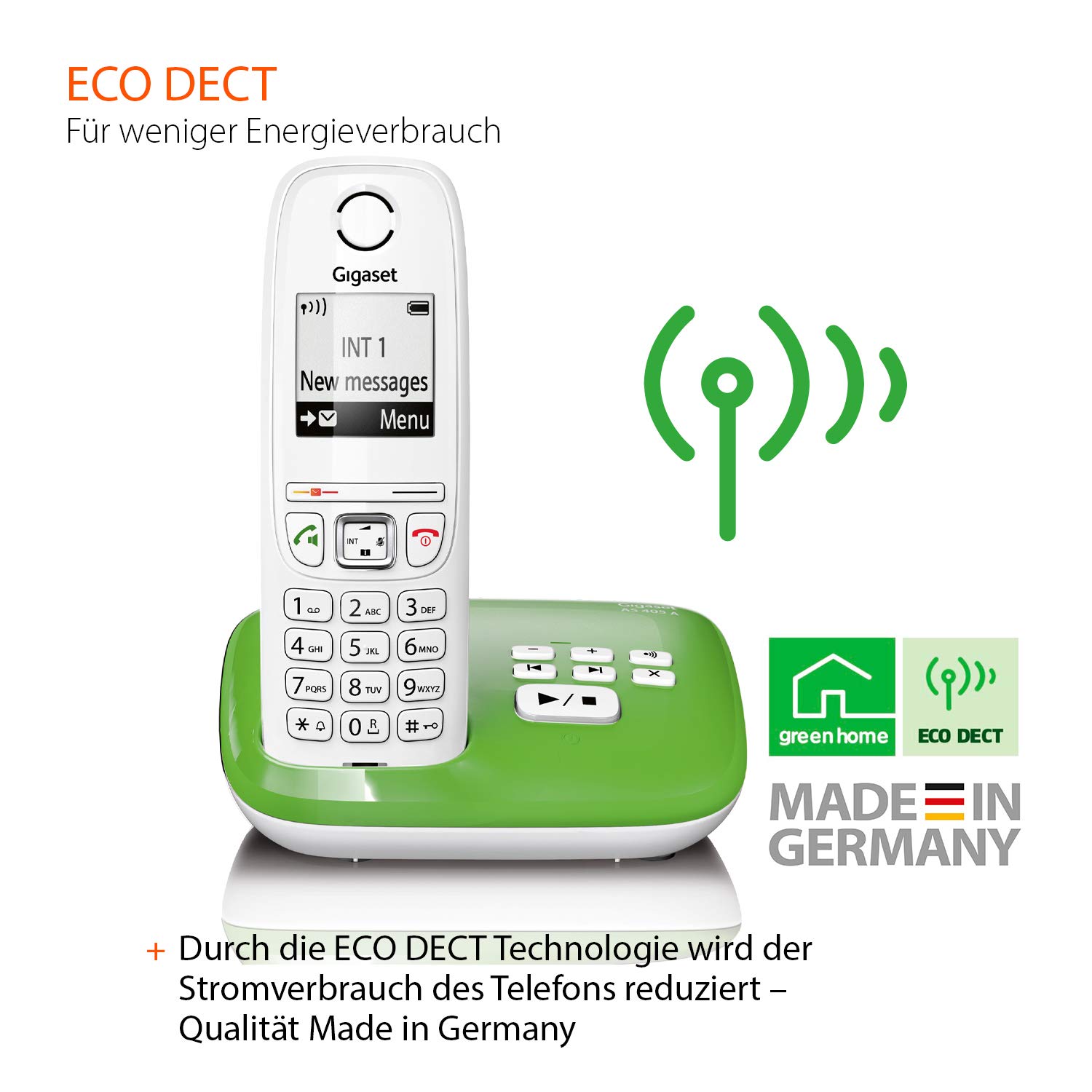 AS405A Festnetz-/Schnurlostelefon Anrufbeantworter (DECT-Telefon, Freisprechfunktion, großes Display, große Tasten) grün