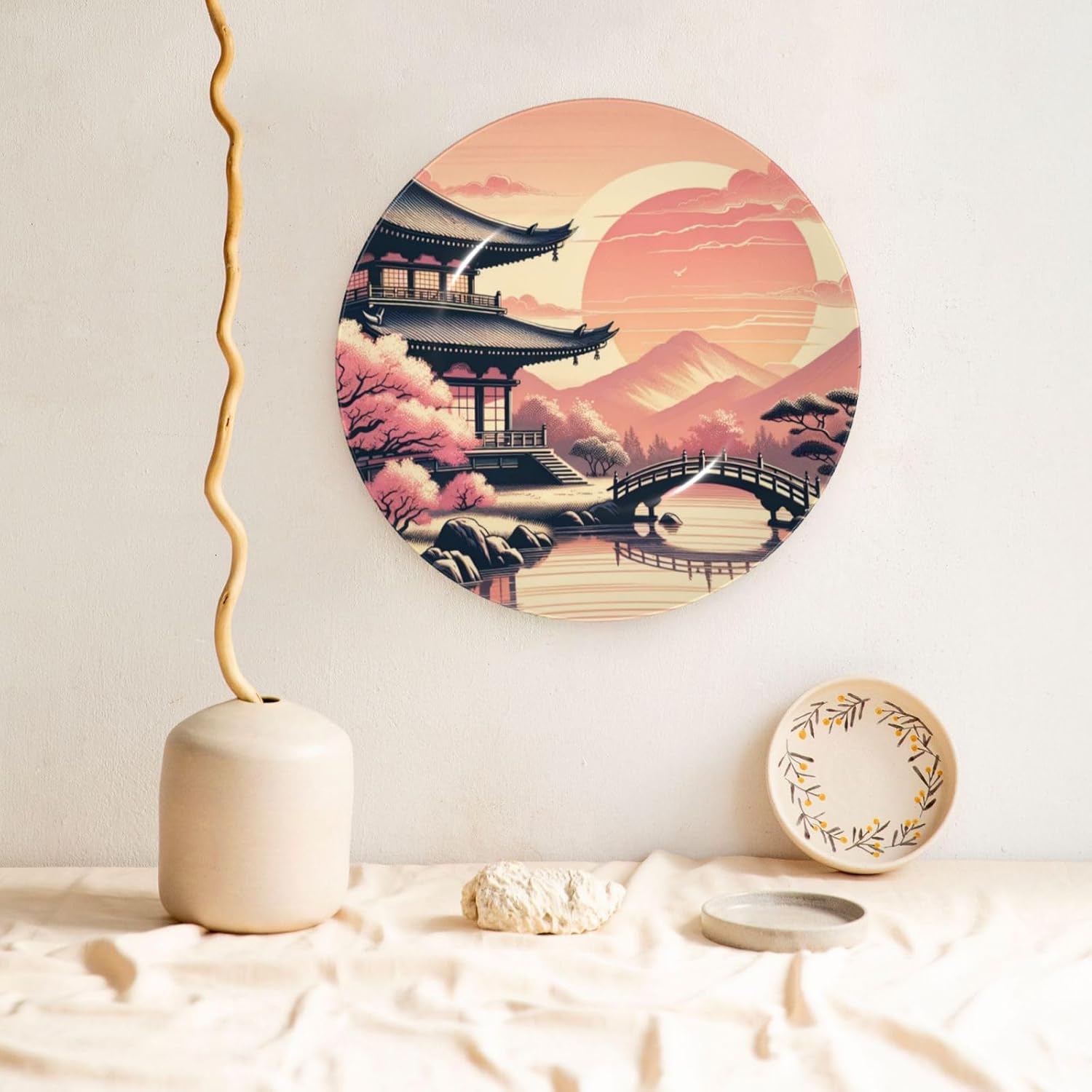 Japanese-Temple-Fuji-Sakura-Sunset 10 Inch Decorative Plate With Stand, Elegant Display Wall Plate For Home Decor