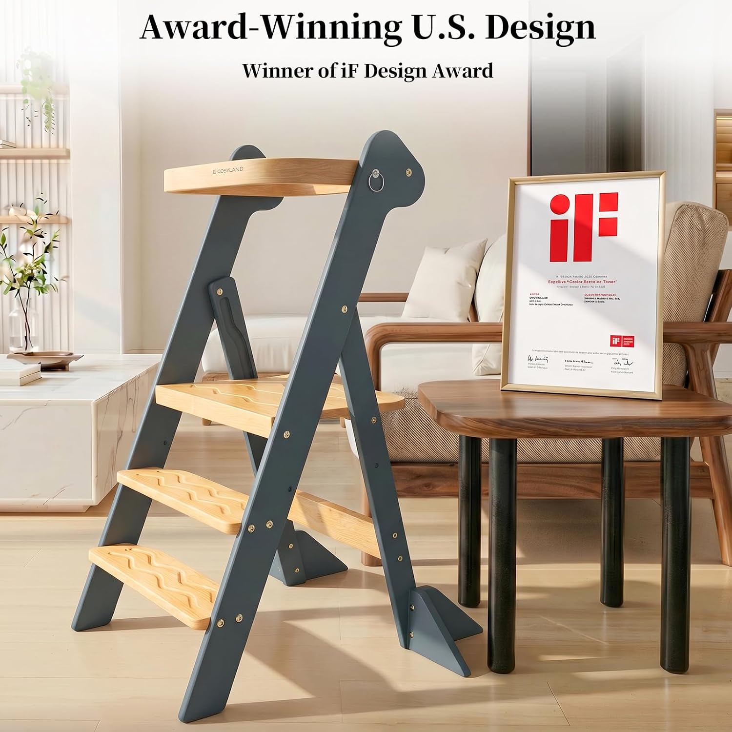 COSYLAND Foldi Foldable Toddler Kitchen Stool - Adjustable Height Toddler Standing Tower with Net & Safety Feet, IF Award-Winning Wooden Learning Step Tower for 18M-6Y, Slate Blue & Natural