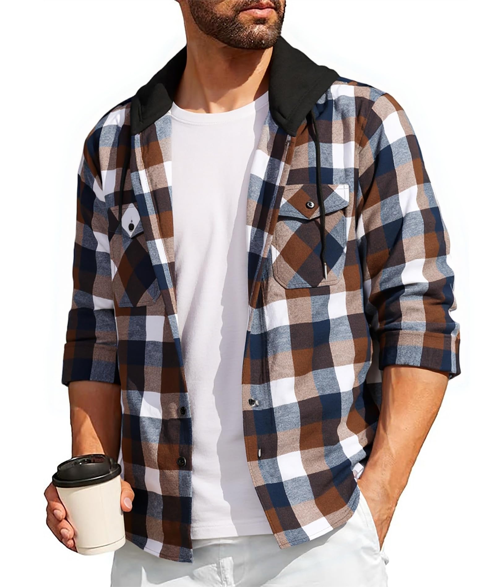 SwissWell Holzfällerhemd Herren Hemd Kariert Langarm Hemdjacke Männer Flanellhemd mit Kapuze Outdoor Holzfäller Jacke Braun XL