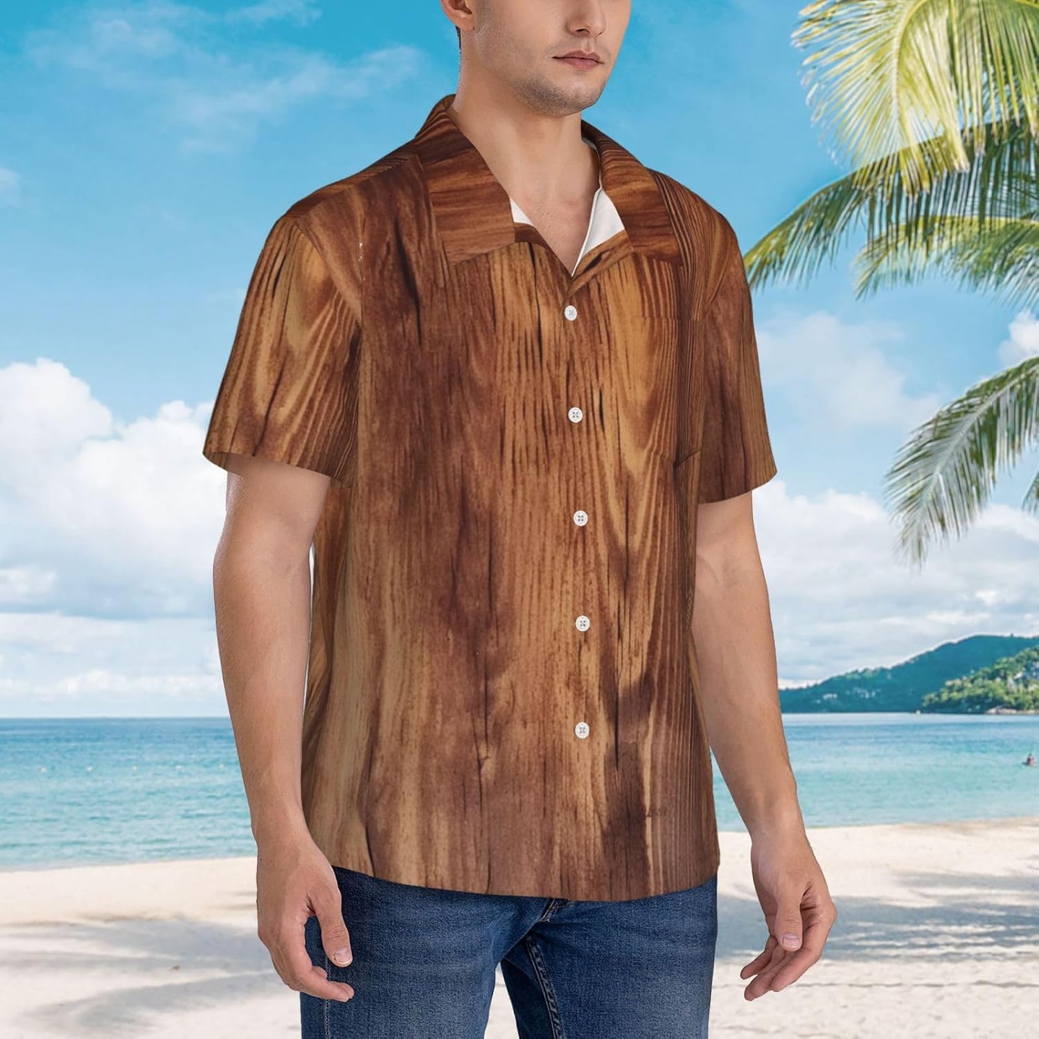 Mens Hawaiian Shirts Brown Wood Grain Short Sleeve Summer Button Down Beach Shirts Vacation Tropical Tops