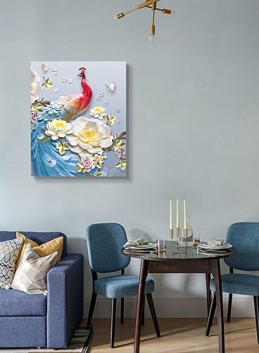 Miniatura 167 de Looife Lienzo decorativo para pared de pavo real, 16 x 32 pulgadas, pájaros verde azulado con flores, decoración de pared para decoración de DW148