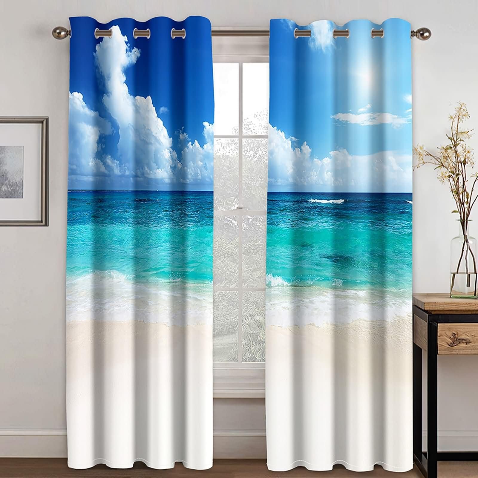 Vorhänge Wärmeisolierend 2 Panels,2 x 152W x 244H cm,Gardinen Ösen Modern Strandlandschaft Vorhänge für Küchen Modern Blau Weiß Khaki
