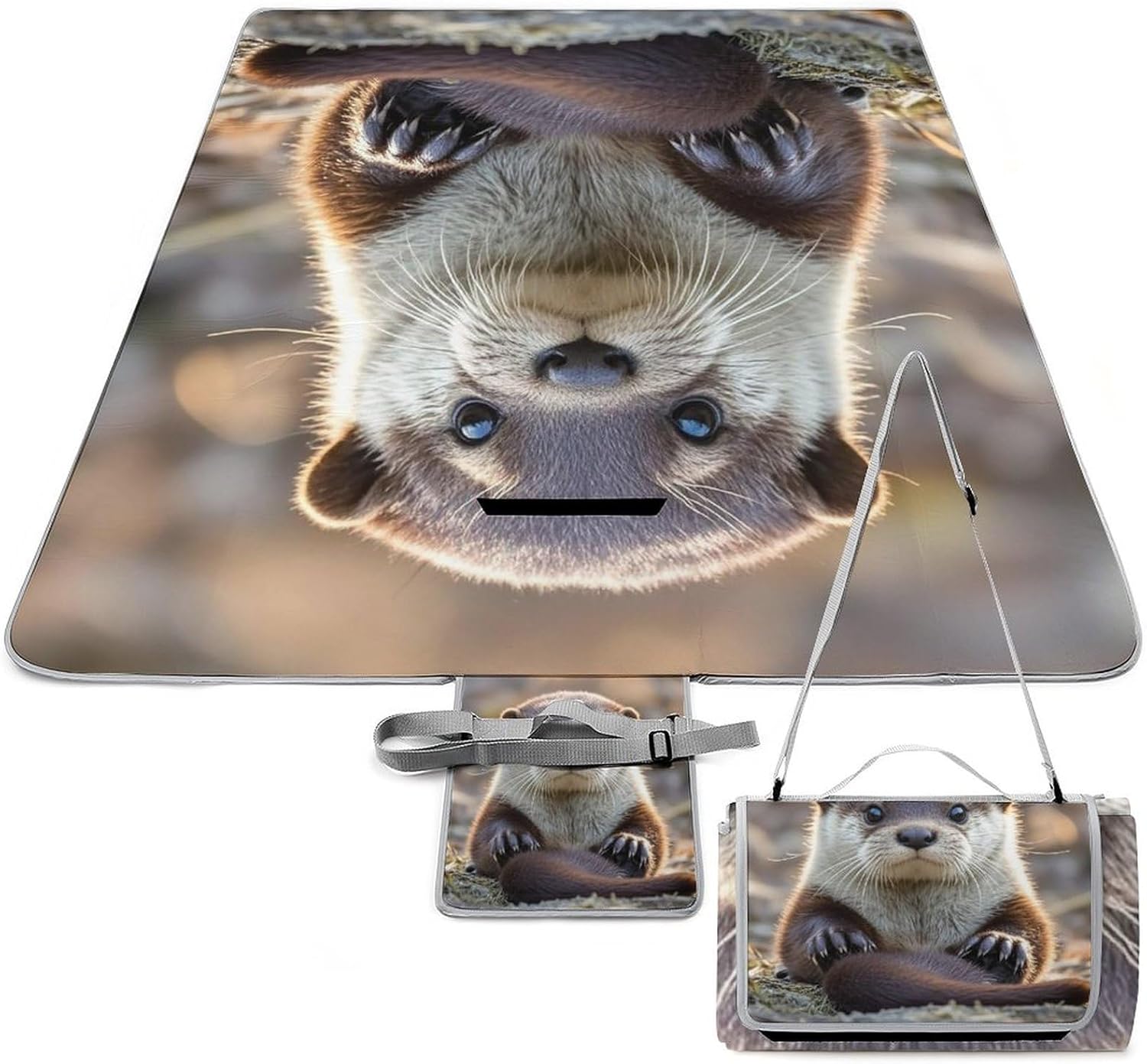 Cute Otter Beach Blanket Thickened Foldable Camping Mats Soft Lightweight Beach Pad Square Picnic Blankets with Shoulder Strap for Park Grass Patio Hiking