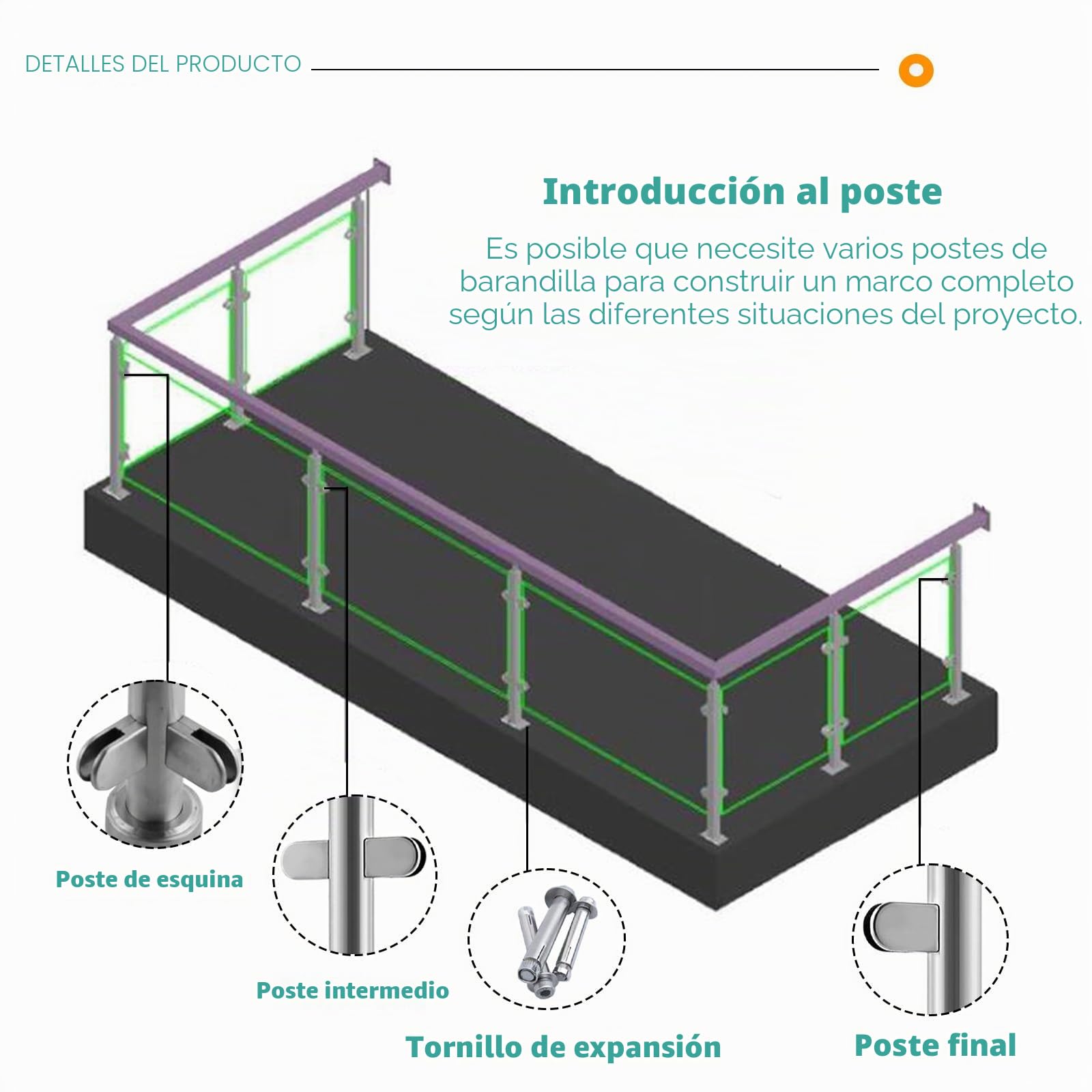 poste para barandilla vidrio 60 65 70 75 80 85 90 95 100 110 120 130 140 Cm Altura Final de barandilla de vidrio / Medio / Poste de esquina, Postes de balaustrada de vidrio para escaleras interiores m