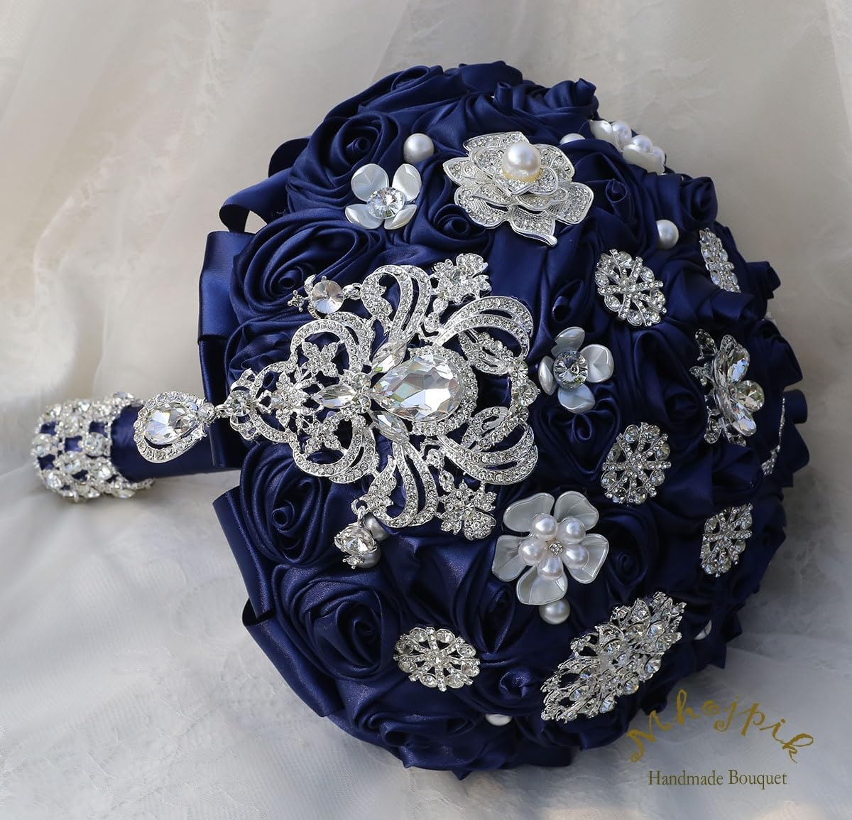 Bridal Wedding Bouquet Round Bling Brooch Bouquet Artificial Rose Flower Bunch for Bride Bridesmaid Wedding Quinceanera(Navy Blue, 7.5")