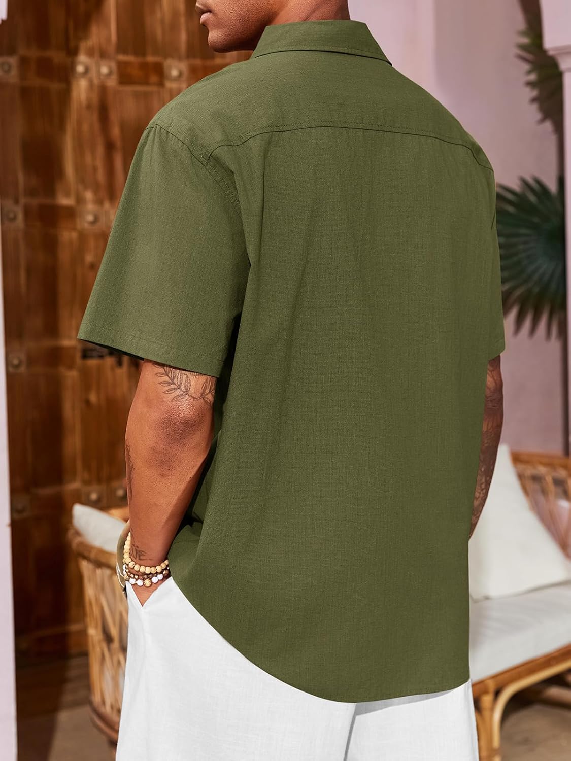 Runcati Mens Linen Shirt Guayabera Cuban Short Sleeve Button Down Cotton Summer Beach Hippie Shirts - Image 3