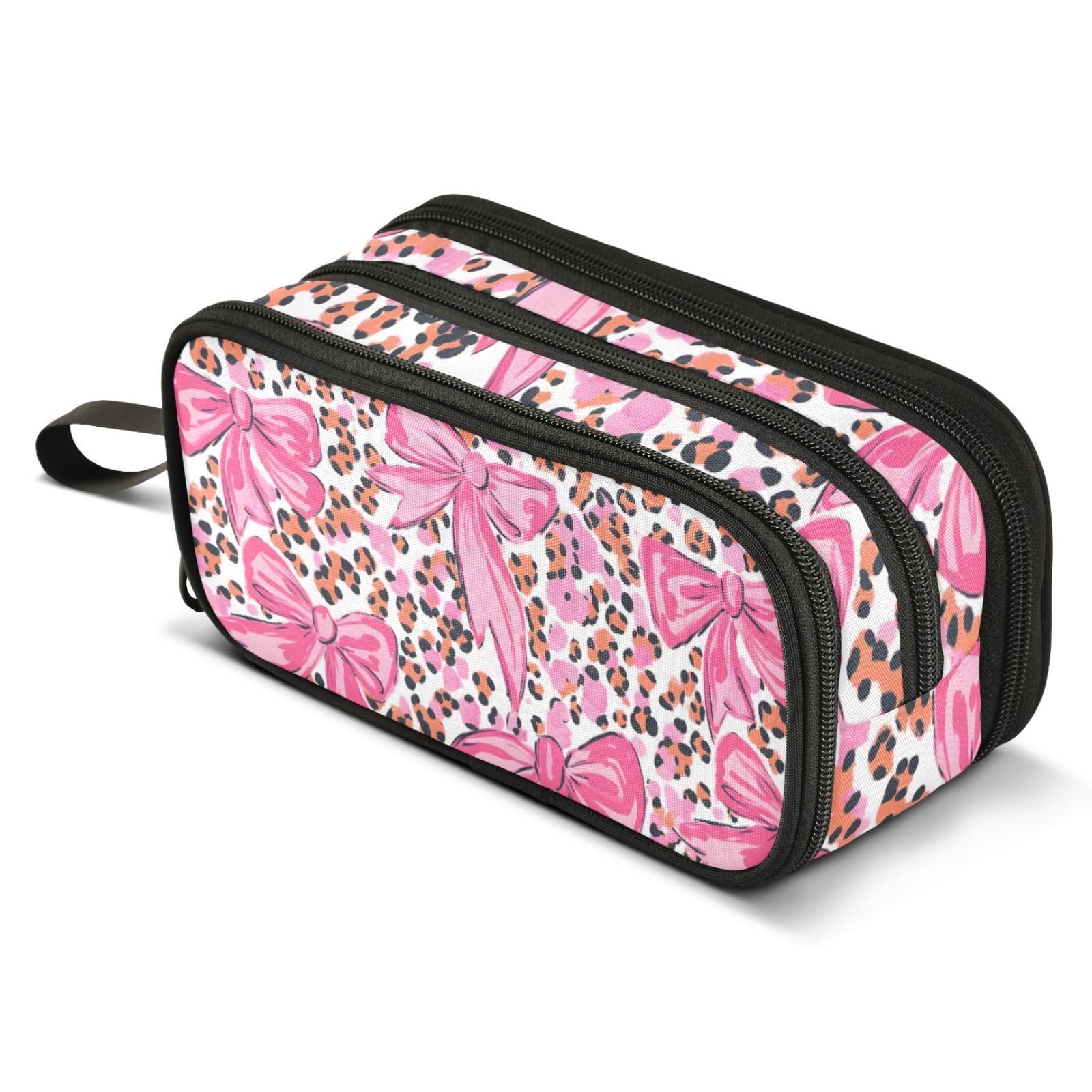 ALAZA Pink Bow Leopard Print Pencil Case Large Capacity Pencil Pouch with 3 Compartments Stationery Case Pen Bag for Boys Girls Kids Adults School Office
