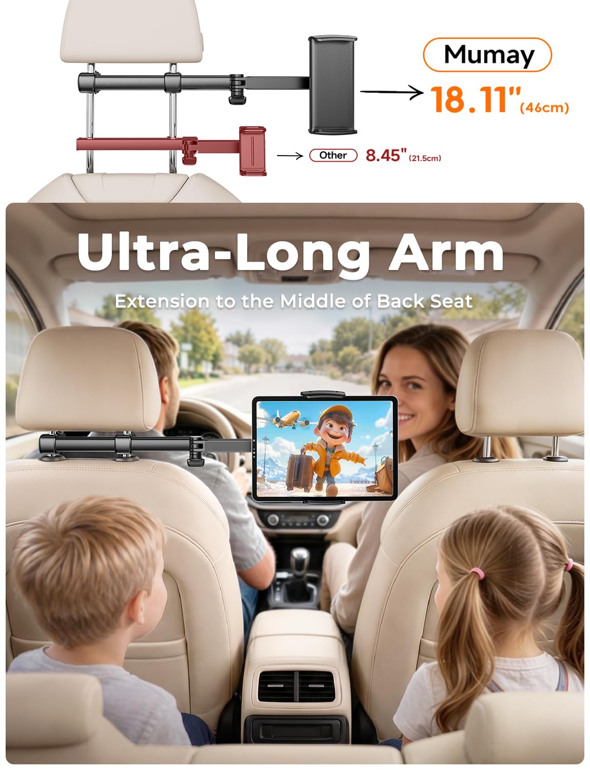 Support Tablette Voiture - [Bras Long Extensible 46cm 3-en-1] Support Appui-Tête Arrière Auto, Rotation 360° Porte-Tablette de Voyage, Compatible avec iPad, Switch, Smartphones 4,7-13"