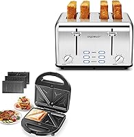 Vista 1 de Aigostar Tostadora para sándwiches de 4 rebanadas, 1.6 pulgadas de ancho de acero inoxidable con bagel, recalentar, cancelar, descongelar, parrilla
