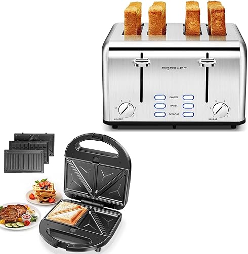Aigostar Tostadora para sándwiches de 4 rebanadas, 1.6 pulgadas de ancho de acero inoxidable con bagel, recalentar, cancelar, descongelar, parrilla