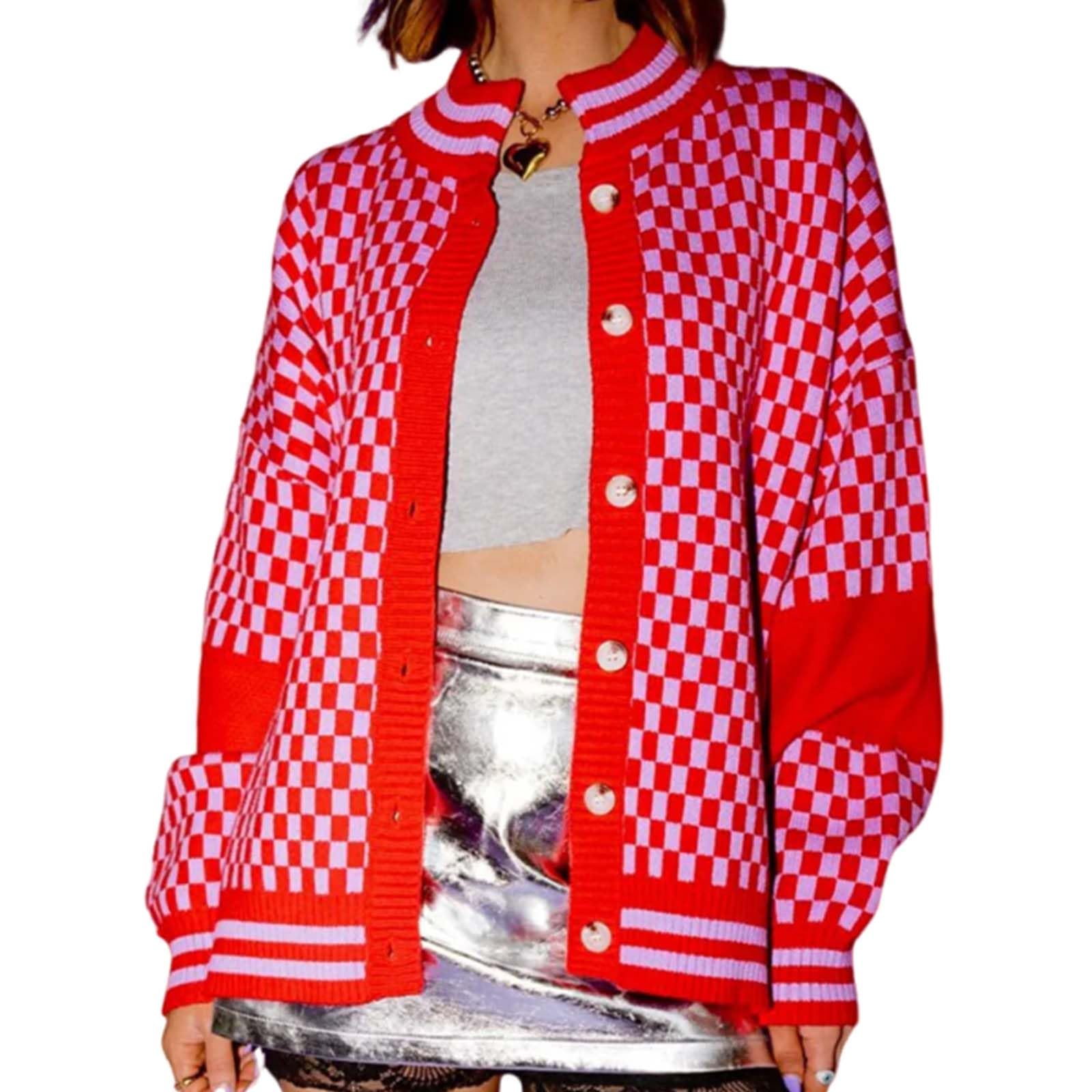 Women Checkered Knit Cardigan Open Front Long Sleeve Plaid Checkerboard Chunky Sweater Outwear with Pockets