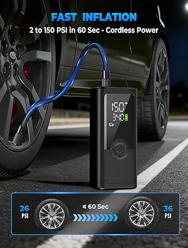 Miniatura 2 de Inflador de neumáticos, compresor de aire portátil, inflador de neumáticos inalámbrico de 150 PSI, apagado automático y luz LED, bomba de bicicleta