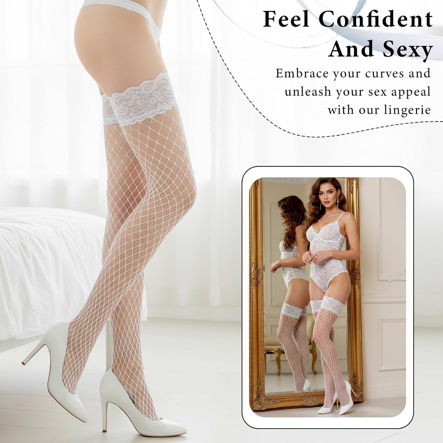 White Fishnet Stockings - Fishnet Thigh High Stockings for Women - Elegant White Fishnets with Lace Top - Image 3