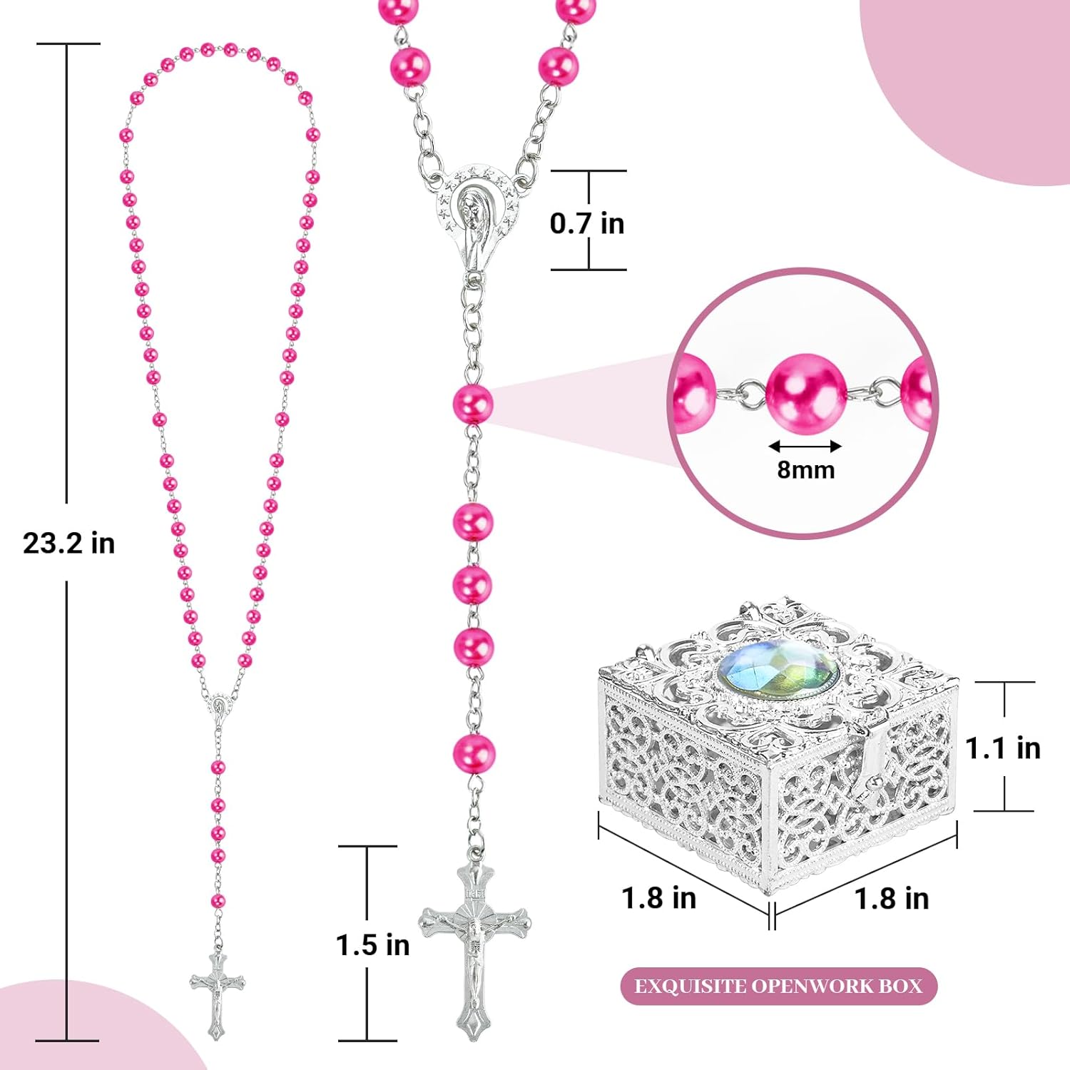 8mm Rosary Beads Necklace, Rosary Beads Catholic for Men and Women Comes in a Metal Gift Box, First Communion Rosary Necklace as Gifts(Rose) - Image 2