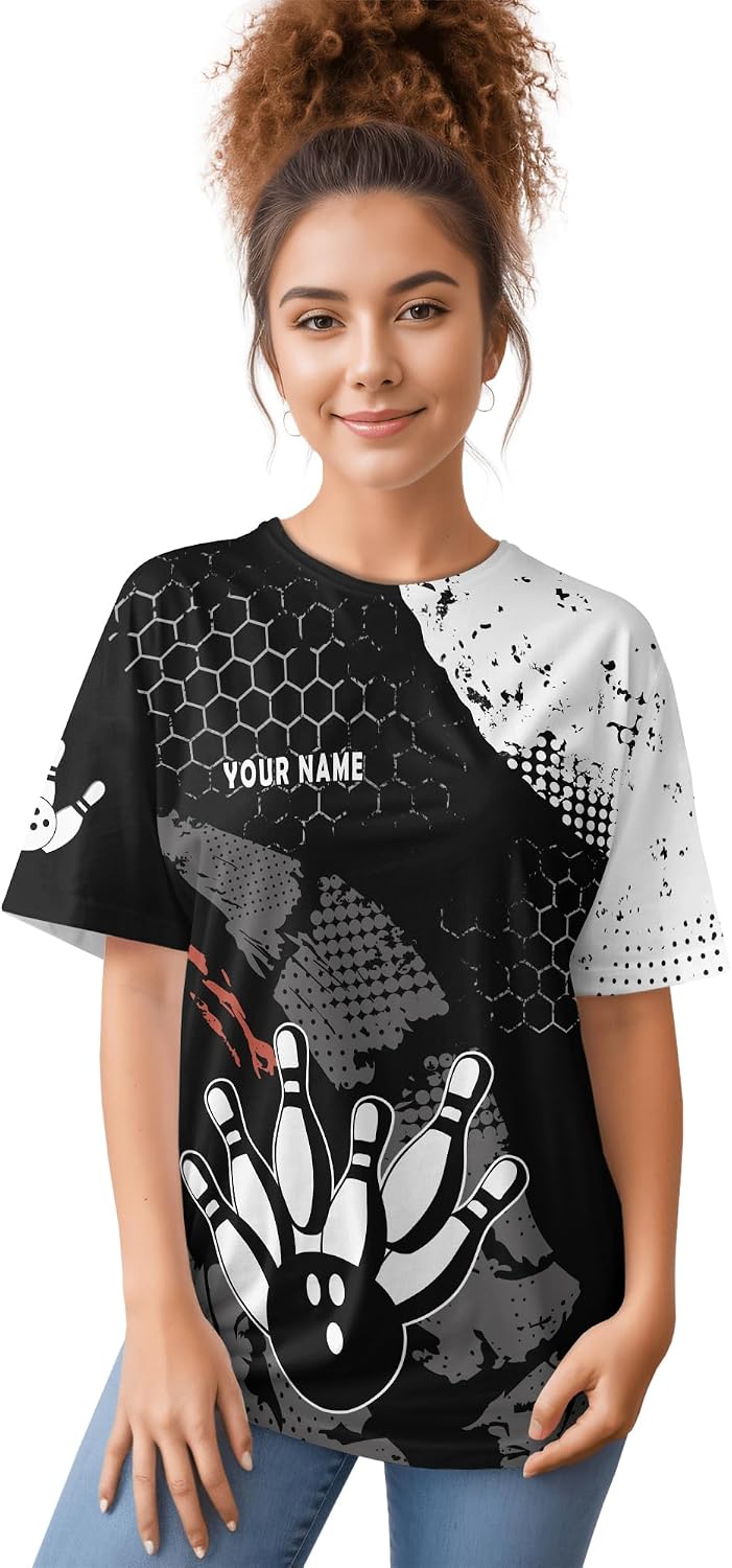 Mens Bowling T-Shirt Personalized Black Bowling Ball Tee Shirt for Bowling Team 3 D Bowling Clothing