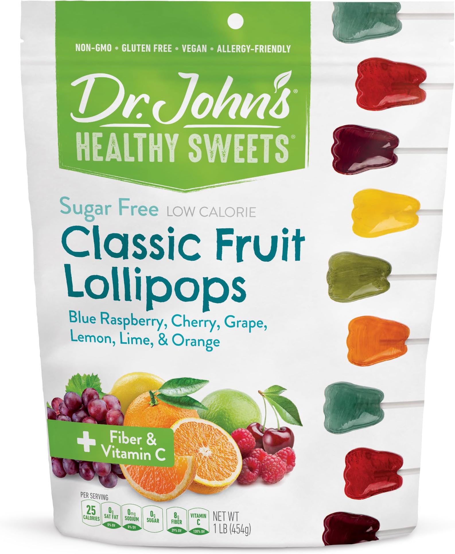 Dr. John’s Sugar Free Candy, Healthy Lollipops with Zero Sugar, Low Calorie Snacks, Keto Friendly Hard Candy Sweets, Classic Fruit Tooth, 60 Count, 1 LB