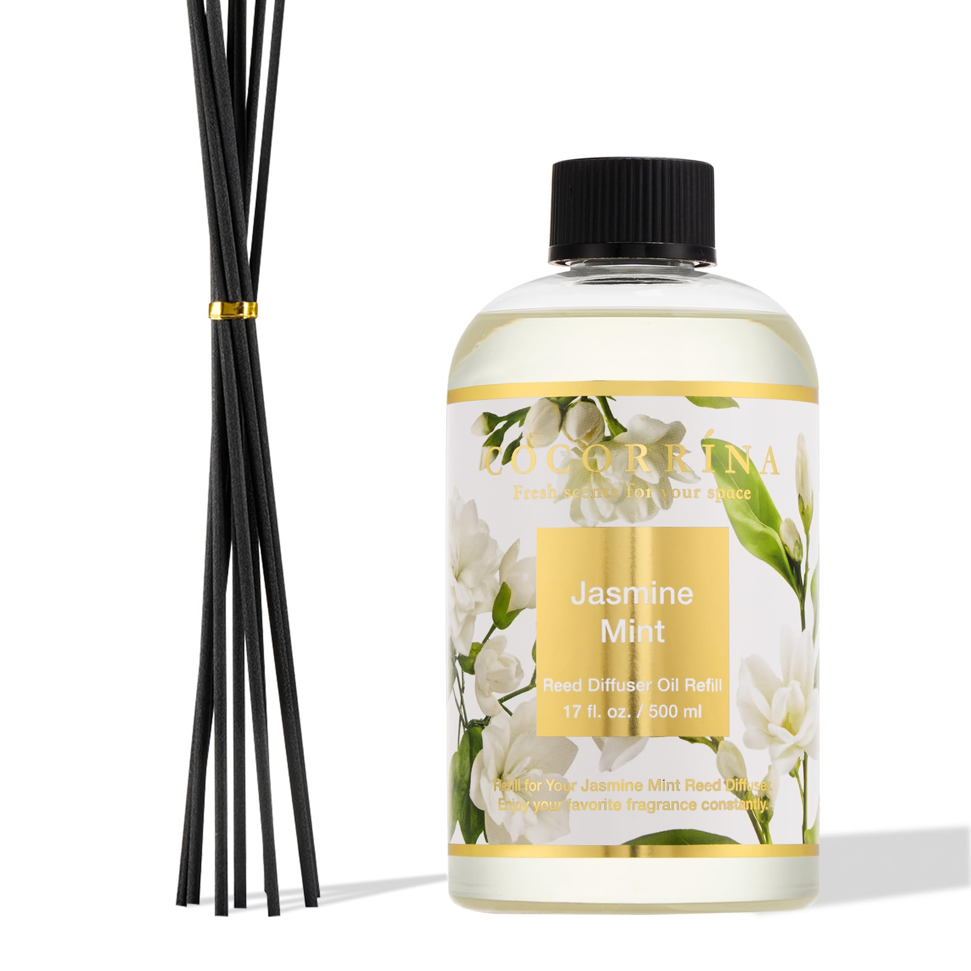 COCORRÍNA Ricarica Diffusore Ambiente 500ml con 8 Bastoncini, Jasmine & Mint, Profumo Lungo Durata con Oli Essenziali Naturali, Camera da Letto e Bagno