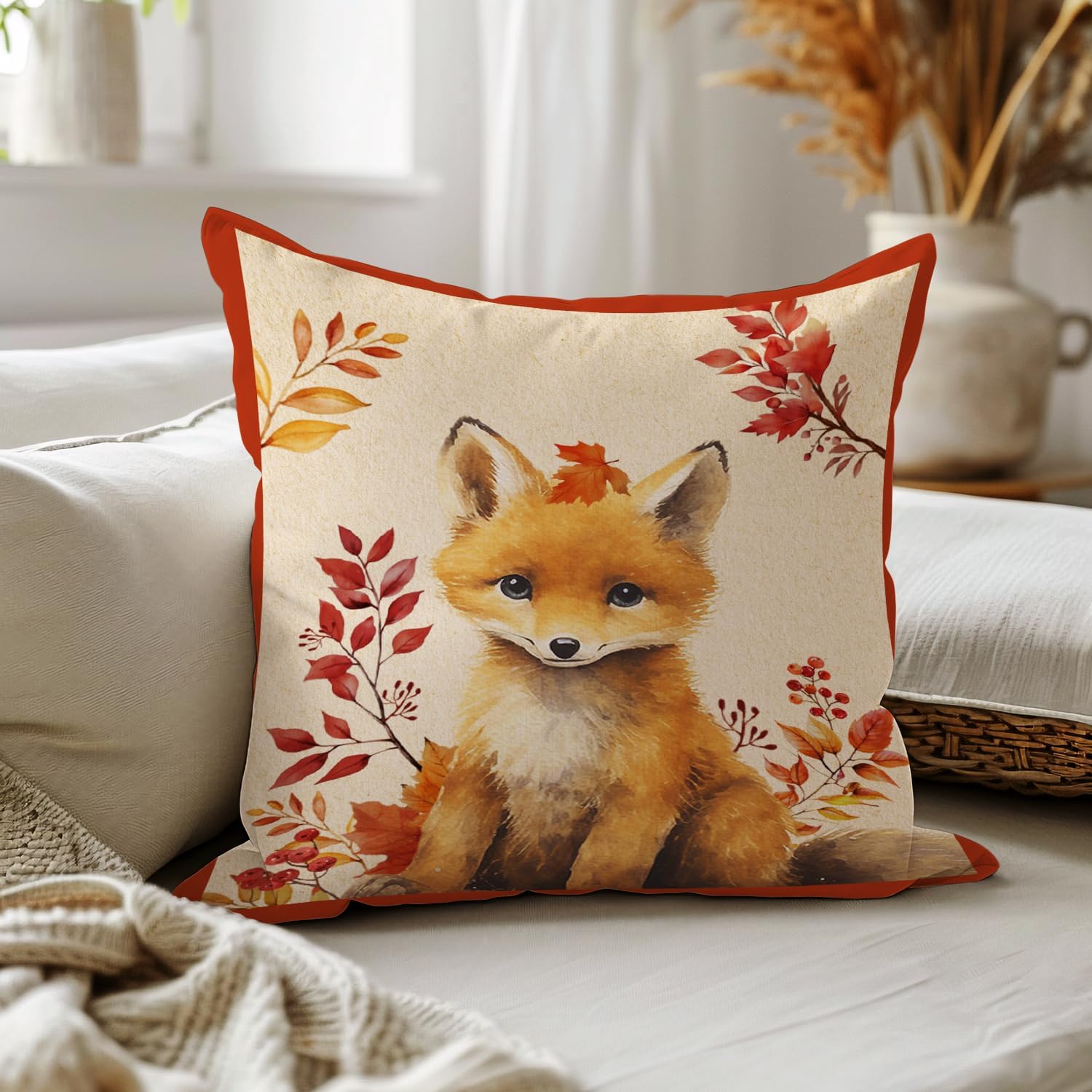 Boho Fall Floral Fox Pillow Covers 18x18, Fall Room Decor, Farmhouse Autumn Maple Leaf Fox Throw Pillow Covers Pillowcases for Living Room Bedroom Home
