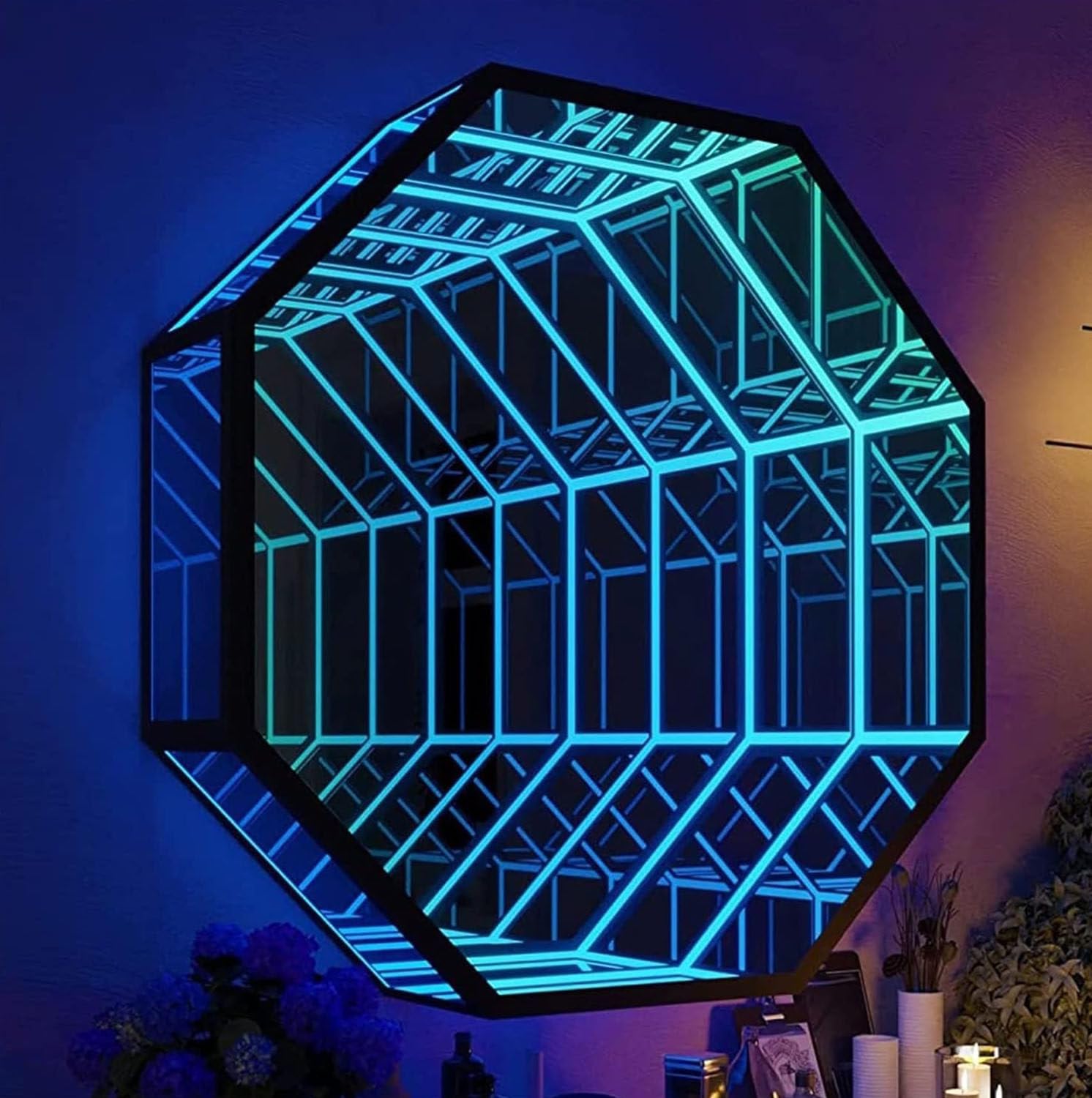 AityBuy Tunnel Mirror Lamp,Infinity Mirror Art Light Night Light,3D Mirror Tunnel Light,with Remote Control and Multi Color Changing Light,Mirror Wall Hanging Lights Octagon-30cm/11.8"
