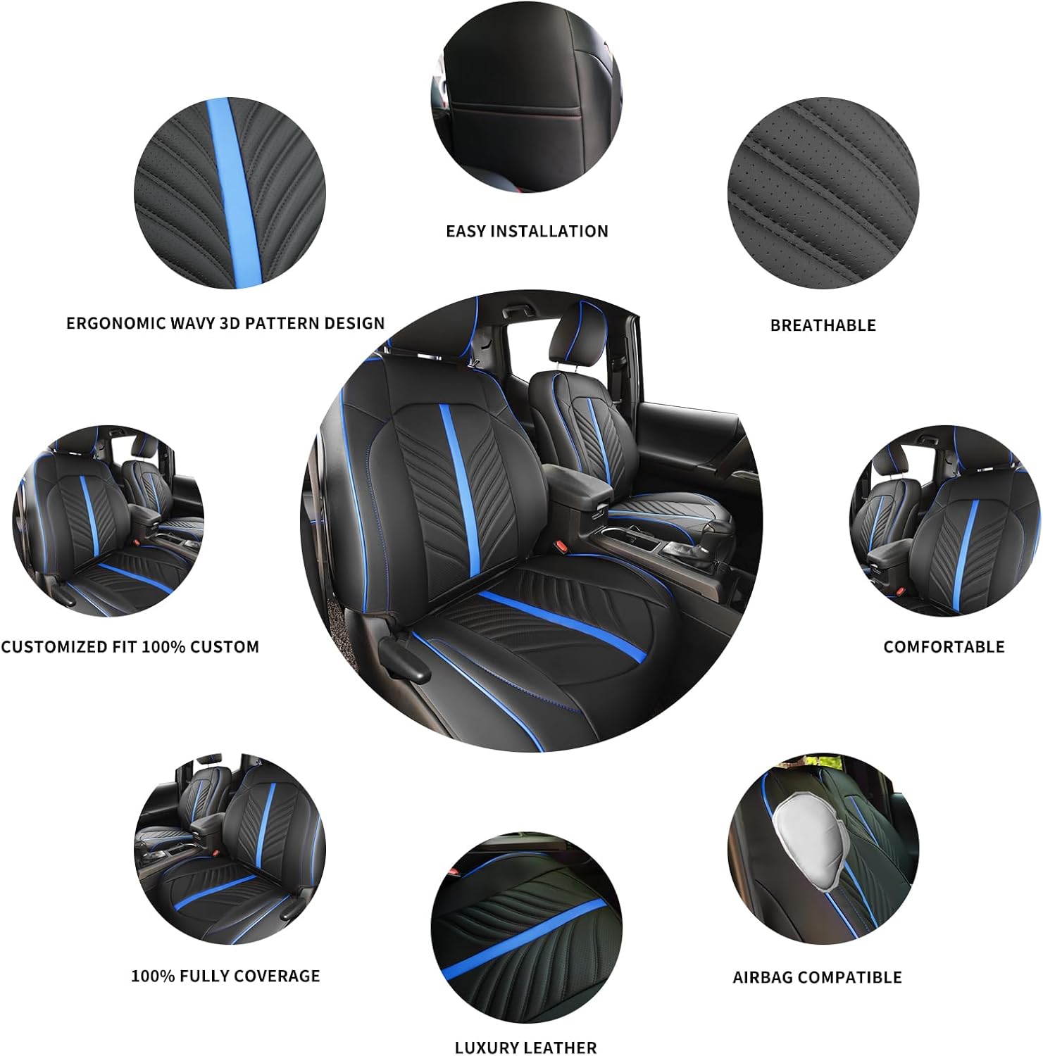 Seat Covers Custom Fit for Toyota Tacoma 2016-2022,2023,3rd Gen Double & Crew Cab SR,SR5,Limited,TRD Pro,TRD Sport,TRD Off-Road Front Pair,Waterproof Leather Seat Protector,Blue Black