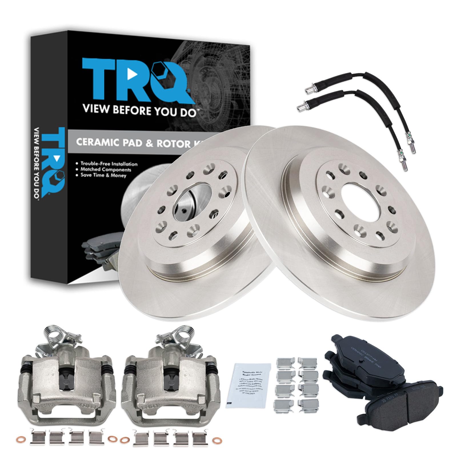 TRQ Rear Brake Pad and Rotor Set Ceramic Solid Rotors Calipers Compatible with 2015-2018 Ford Flex Lincoln MKT