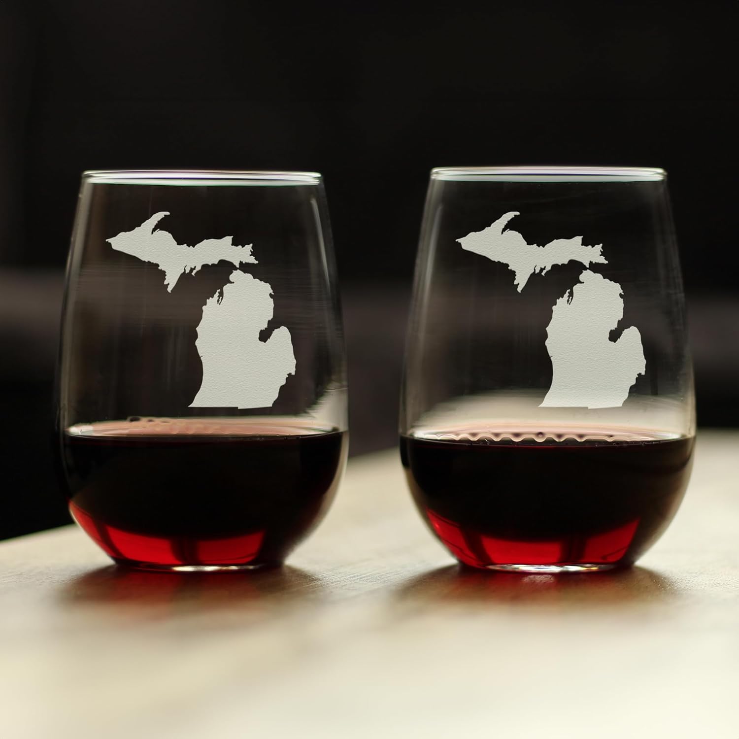 Bevvee Michigan State Outline Stemless Wine Glass - State Themed Drinking Decor and Gifts for Michigander Women & Men - Set of 2 - Large 17 Oz Glasses