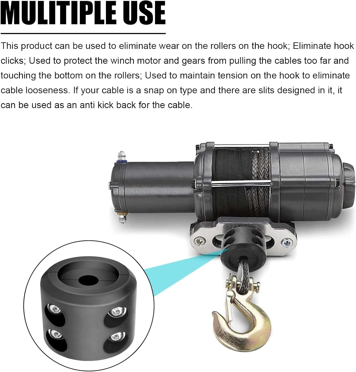 Winch Cable Hook Stopper, Cable Protector with Stainless Steel Screws Nuts Allen Wrench, Harness Locking Hook Rubber Stopper for Wire Ropes Synthetic Ropes, for ATV UTV Truck SUV (Black)