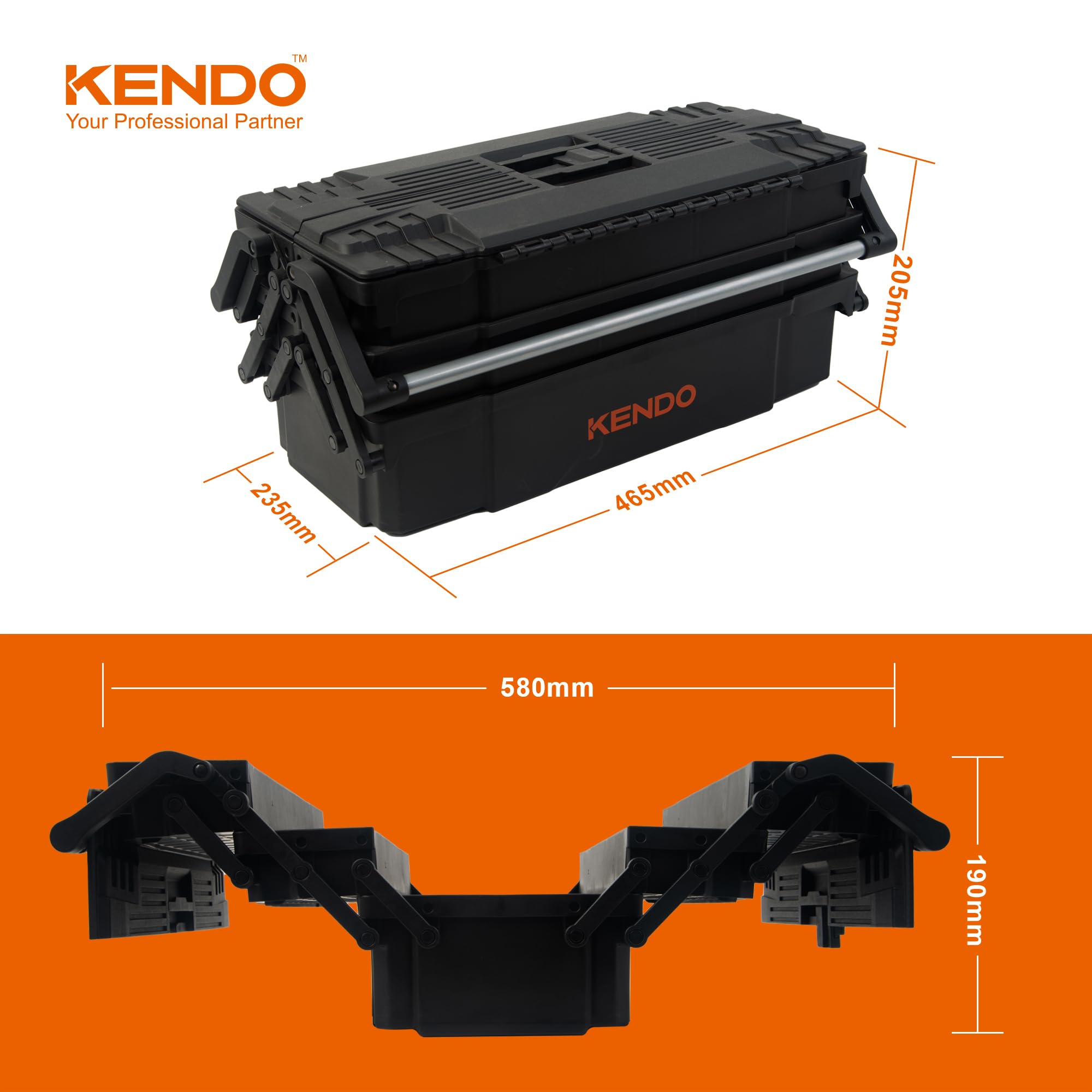 KENDO Cassetta degli attrezzi vuota in plastica, leggera e robusta, 4 scomparti apribili