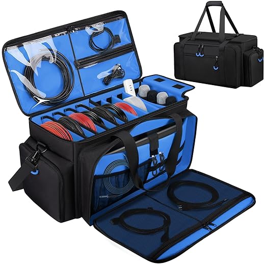 Large Dj Cable Bag with Laptop and Microphone Pocket, Dj Bag for Equipment and Music Accessories with Detachable Dividers, Bottom Pad, Dj Gig Bags for Musicians, Professional, Travel, Blue