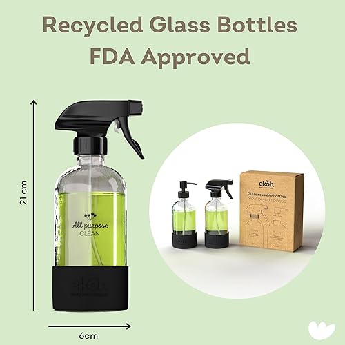 Miniatura 2 de EKOH - Botellas de jabón de manos y platos de vidrio ámbar recargables de 16 onzas, paquete de 2 aerosoles negros + funda protectora de silicona