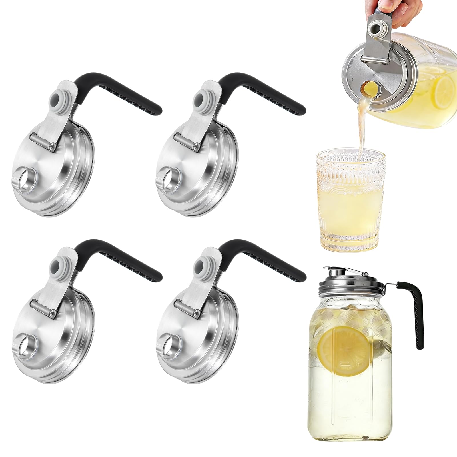sourcing map Mason Jar Pour Lid with Handle, 4Pcs Mason Jar Pitcher Lid Stainless Steel Leak-Proof Spout Flip Caps Cover Regular Mouth for Drinking Kitchen Beverage Food Storage, Black