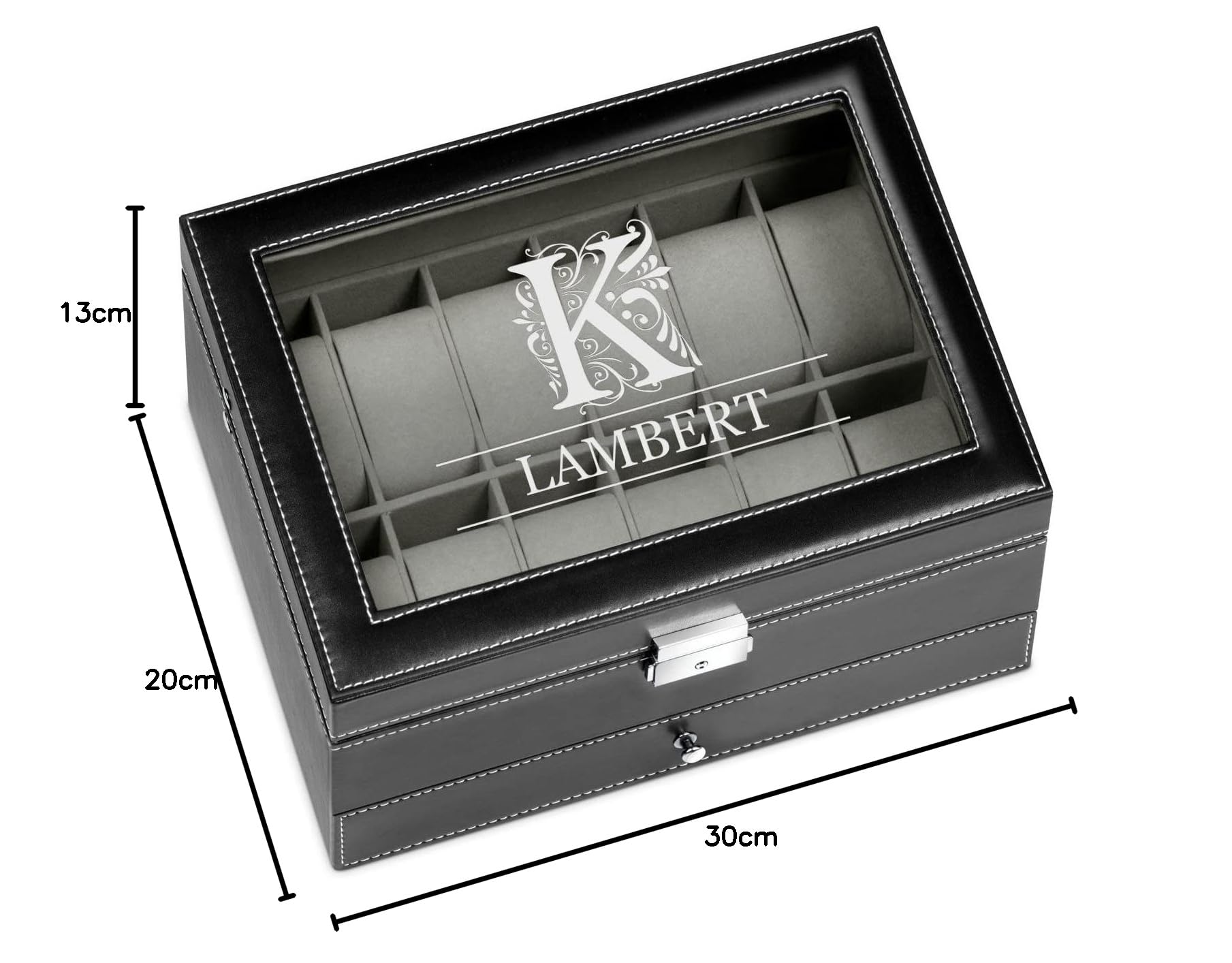 Maverton Boîte de Rangement avec Vitrine Gravée - Étui pour 12 Montres - Boite a Montre en Cuir Noir à Personnaliser - Cadeau Homme - Cadeau Noel - Cadeau Anniversaire - Lettrine