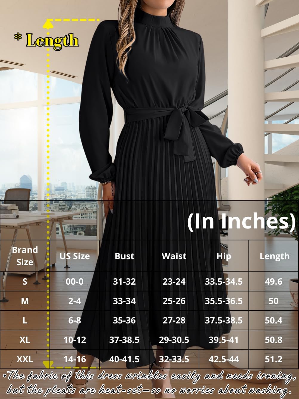 Pleated Maxi Dress, Mock Neck A Line, Fall Holiday, Long Sleeve Modest Business Casual Flowy Dresses for Women - Image 7