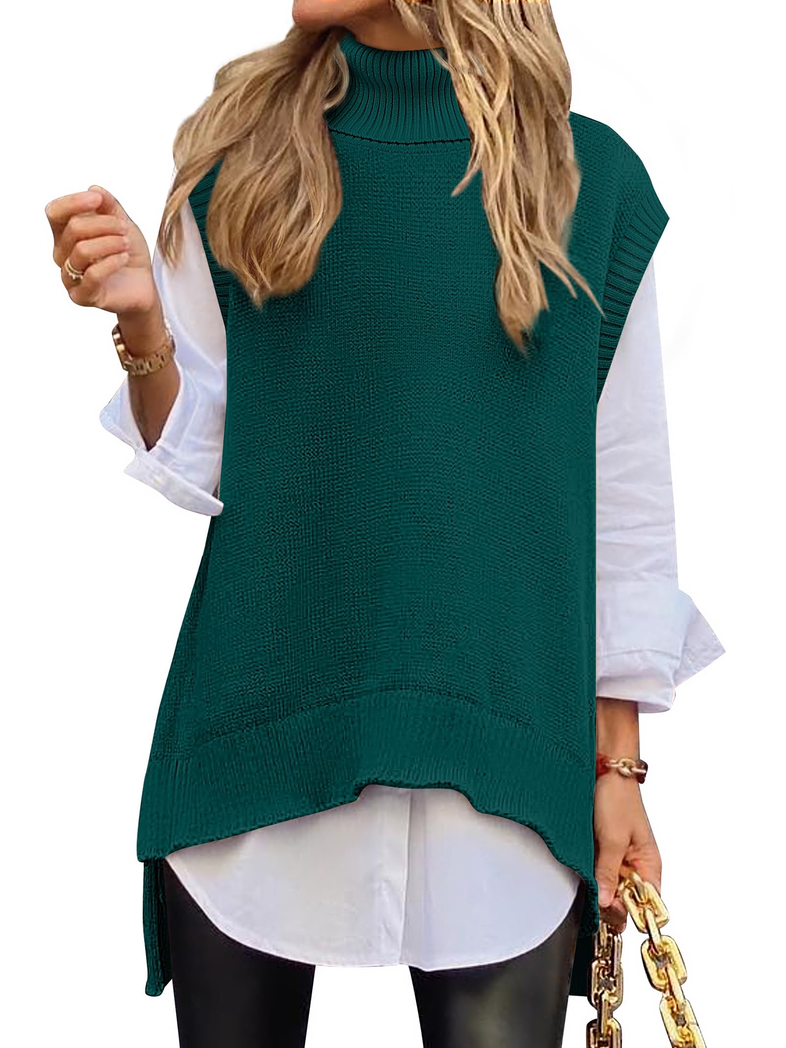 ANRABESS Sweater Vest Women Turtleneck Sleeveless Loose Fit Pullover Knit Spilt Tank Tops 2025 Casual Trendy Fall Outfits