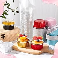 Vista 4 de Dandat Paquete de 300 tazas de papel de aluminio con tapa, molde para hornear pasteles de 5 onzas, desechables Ramekin para cupcakes, tazas