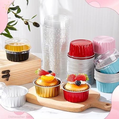 Miniatura 4 de Dandat Paquete de 300 tazas de papel de aluminio con tapa, molde para hornear pasteles de 5 onzas, desechables Ramekin para cupcakes, tazas de