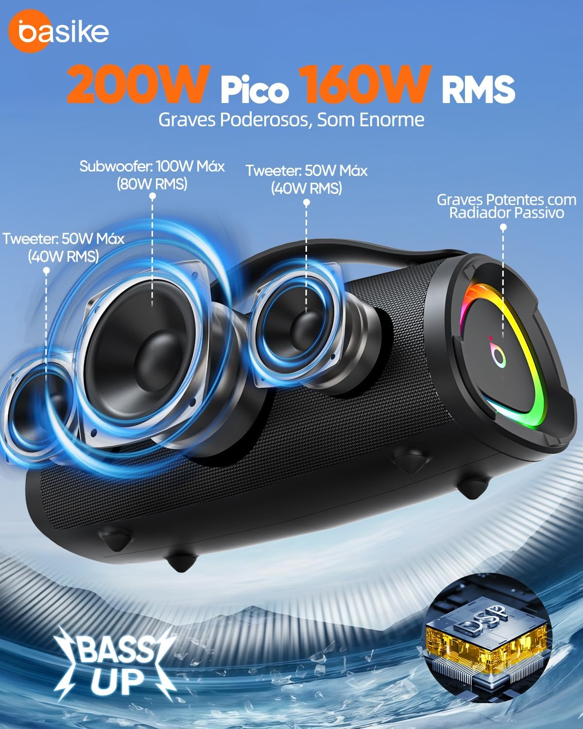 Basike Ba-RAD289 speaker with internal components highlighted, showing subwoofer and tweeters