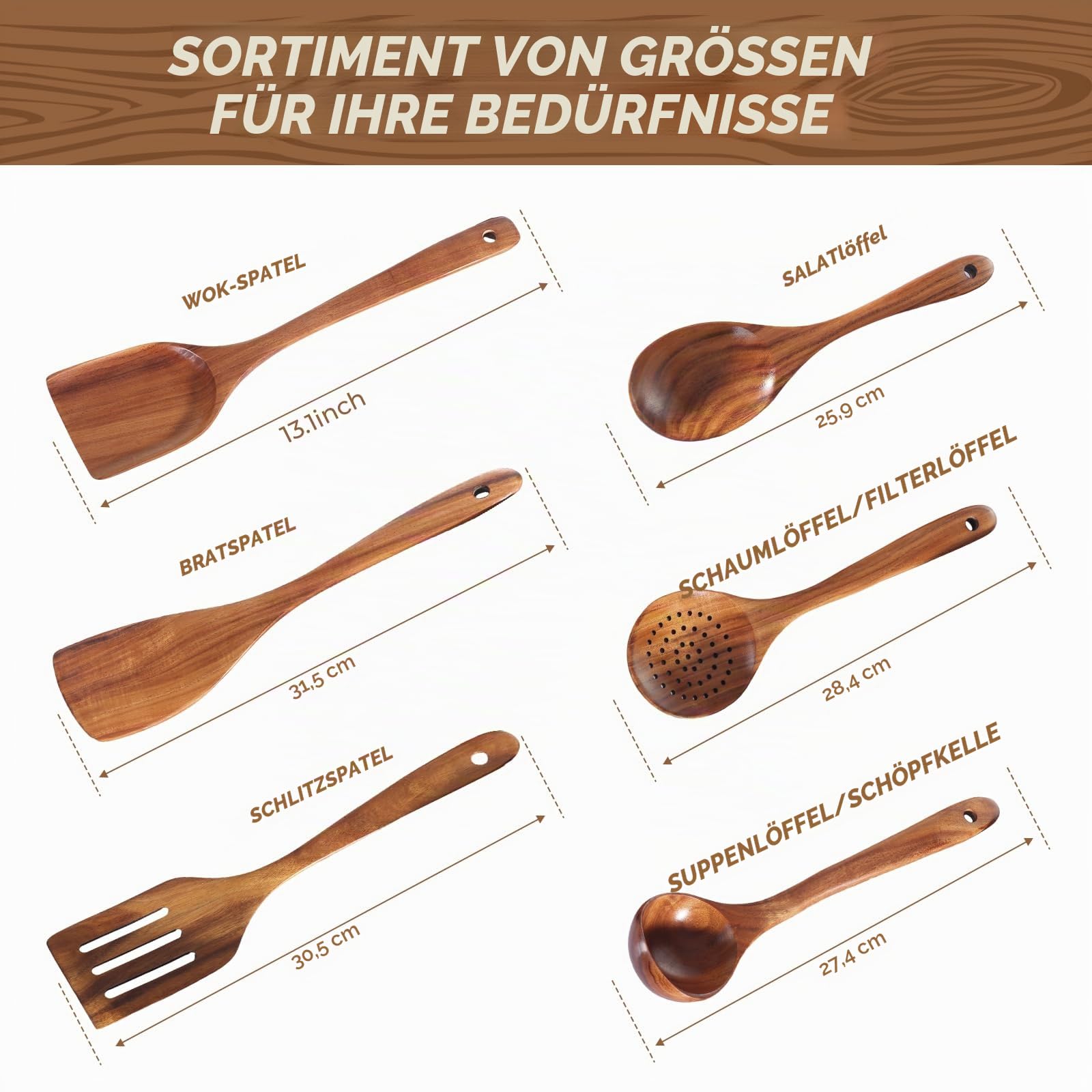 AIUHI Antihaft-Küchenutensilien-Set aus natürlichem Holz, glatt polierte Teakholz-Löffel zum Kochen, Pfannenwender mit bequemem Griff für anspruchsvolles Kochen, 6-teilig
