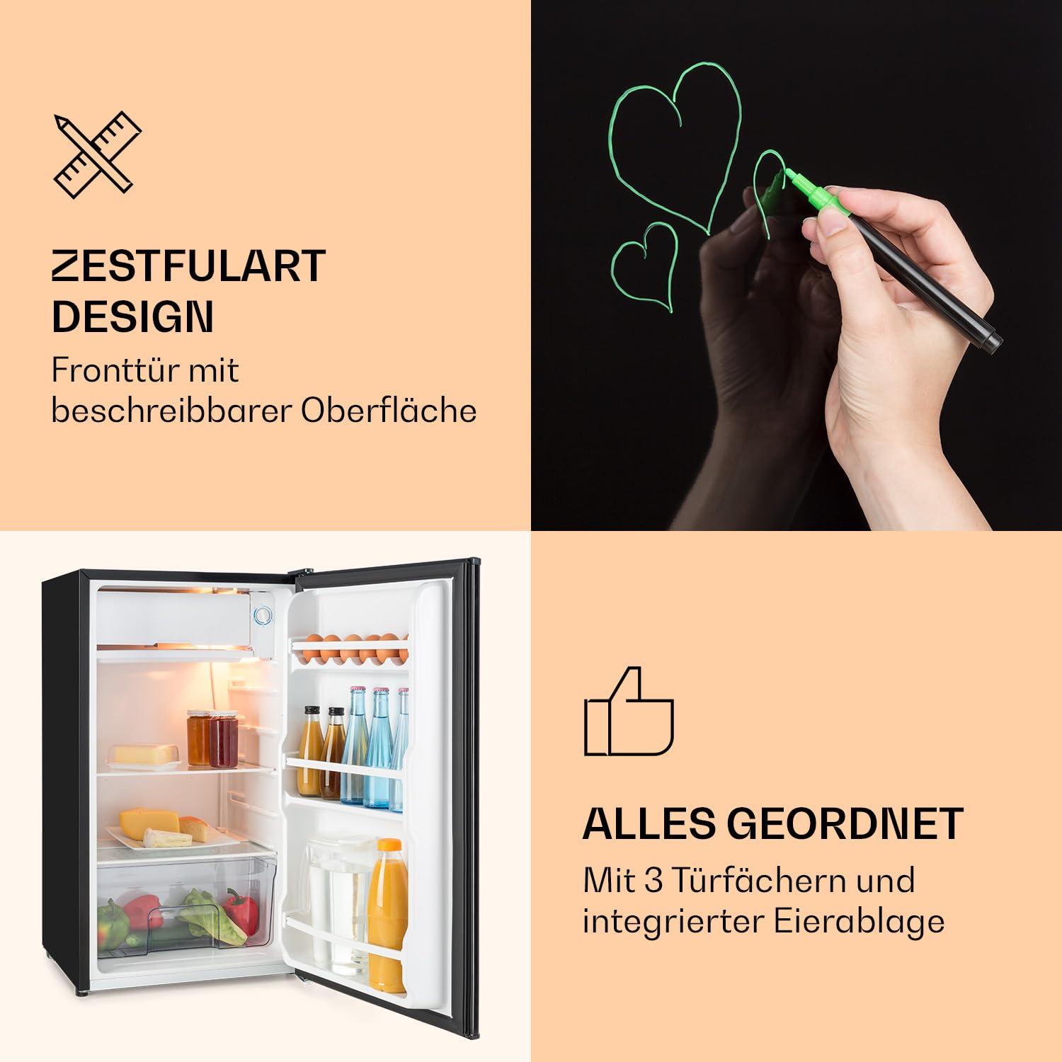 Klarstein Spitzbergen – Kühlschrank, Energieeffizienzklasse E, Gefrierfach, ZestfulART Design: Beschreibbare Tür inklusive Marker, 2 Türfächer, Schwarz