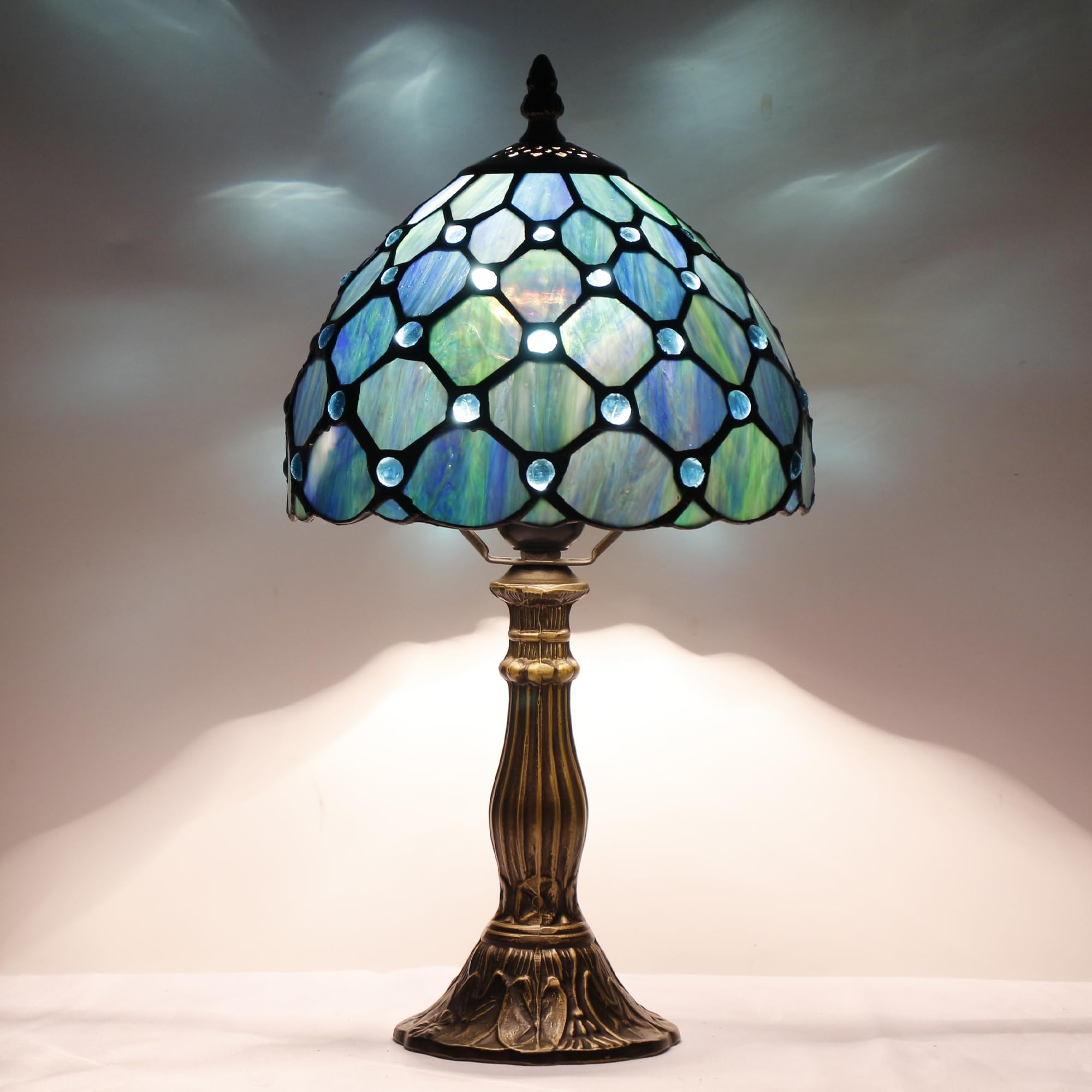 SYETL Small Tiffany Lamp Stained Glass Desk Lamp Vintage Tiffany Bedside Table Lamp for Home Living Room Bedroom Nightstand 8X15 Inch (Sea Blue Pearl)