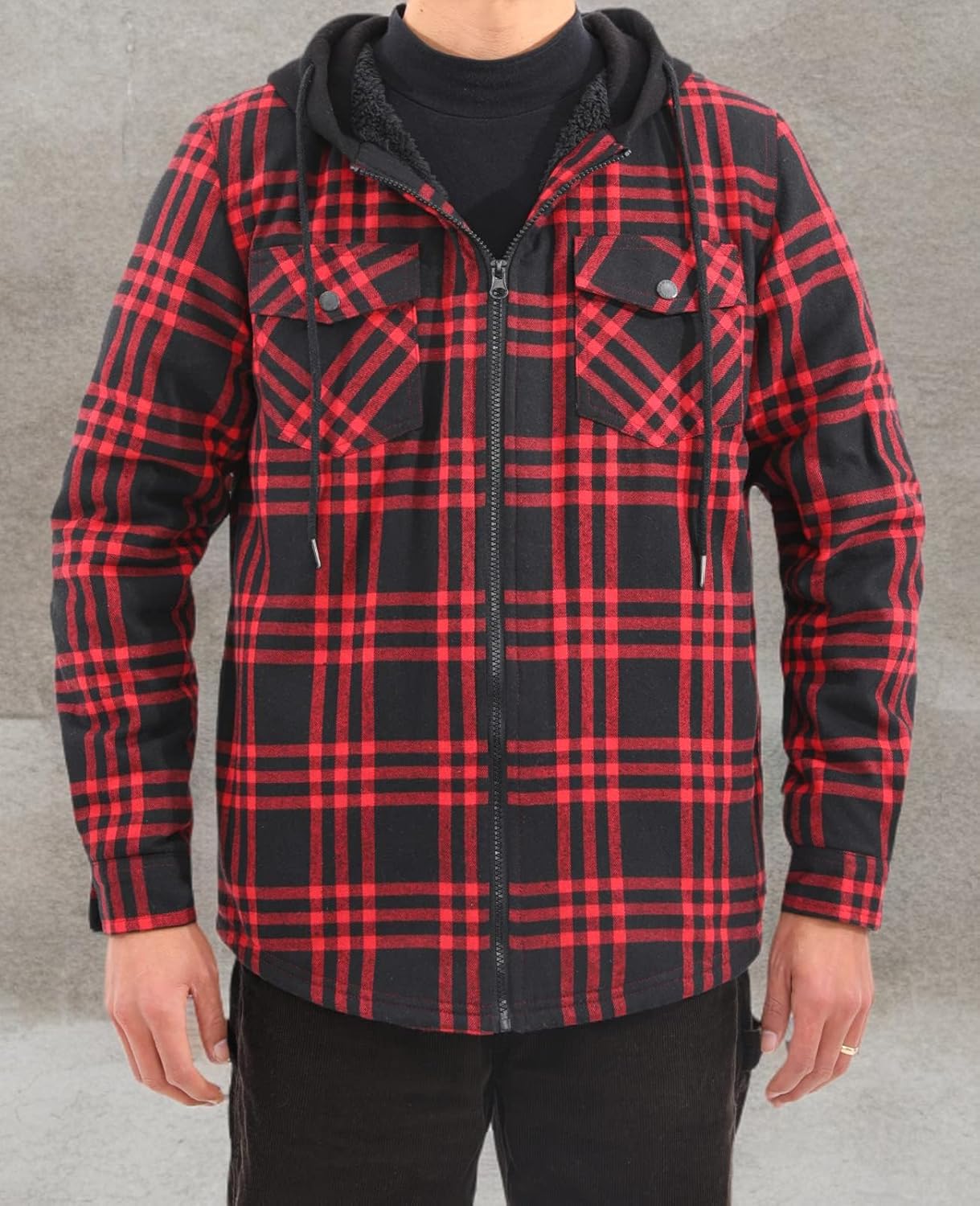 Lisskolo Men's Sherpa Flannel Jacket with Hood Plaid Zip Up Fleece Lined Hooded Shirt Jackets for Men - Image 8