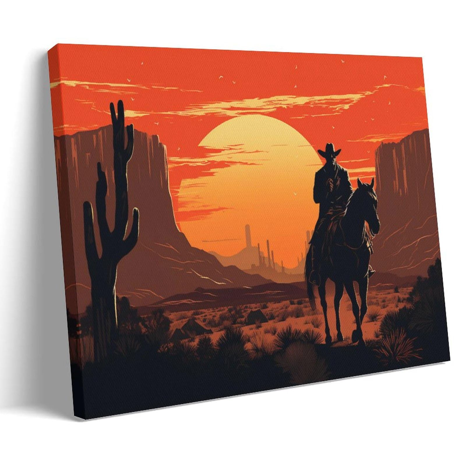 Aemyska Colorful Cowboy Horseback Riding Canvas Wall Art Gallery Wrapped & Stretched - Sunset Desert Landscape Framed Canvas Print, Ready To Hang For Living Room Bedroom Office 16X24inch(40X60cm)