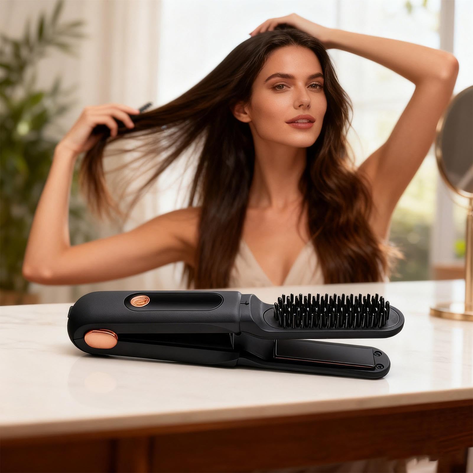 Plancha Alisadora De Pelo Cepillo Recargable con Pantalla LED 2 en 1