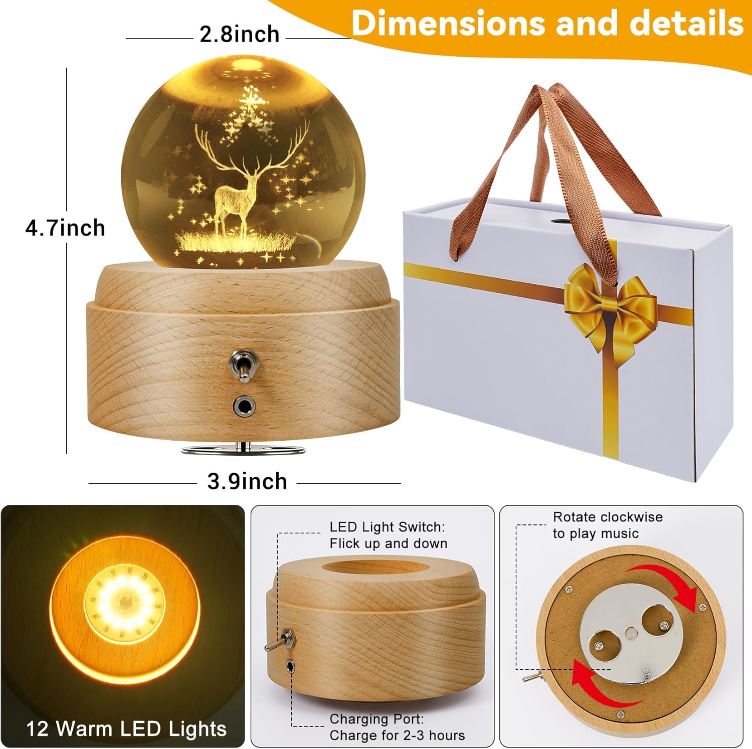 3D Crystal Ball Music Box, with Projection LED Lights, Rotating Wooden Base, Musical Box Gift for Birthday, Christmas, Valentine's Day, for Women Mom Daughter Girls (Deer)