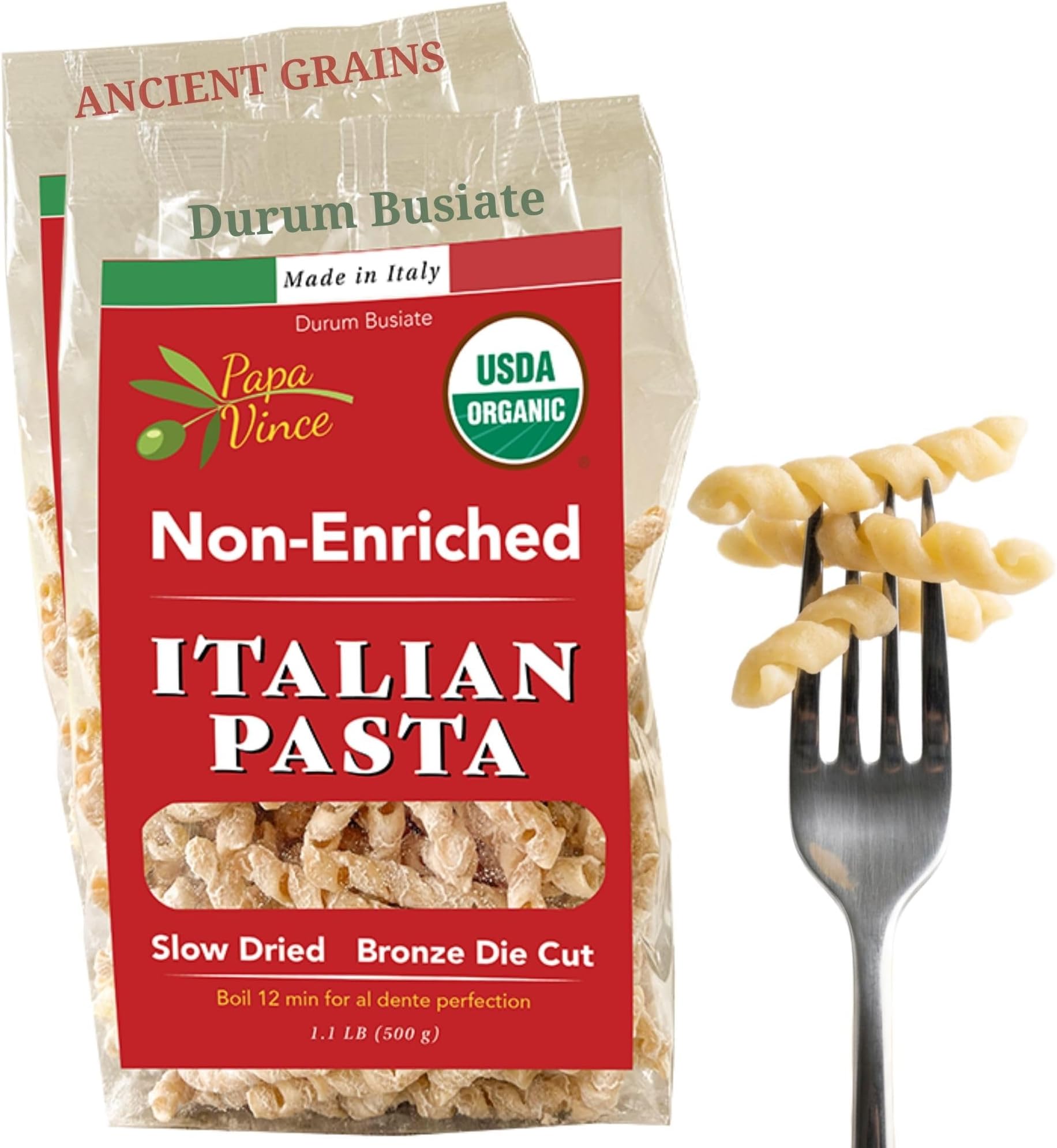 Papa Vince Organic Non Enriched Pasta - good whole wheat busiate pasta, made in Italy from ancient grains cultivated in Sicily, Italy. Slow Dried. Bronze Die Cut. Delightful Al dente texture. No funny taste