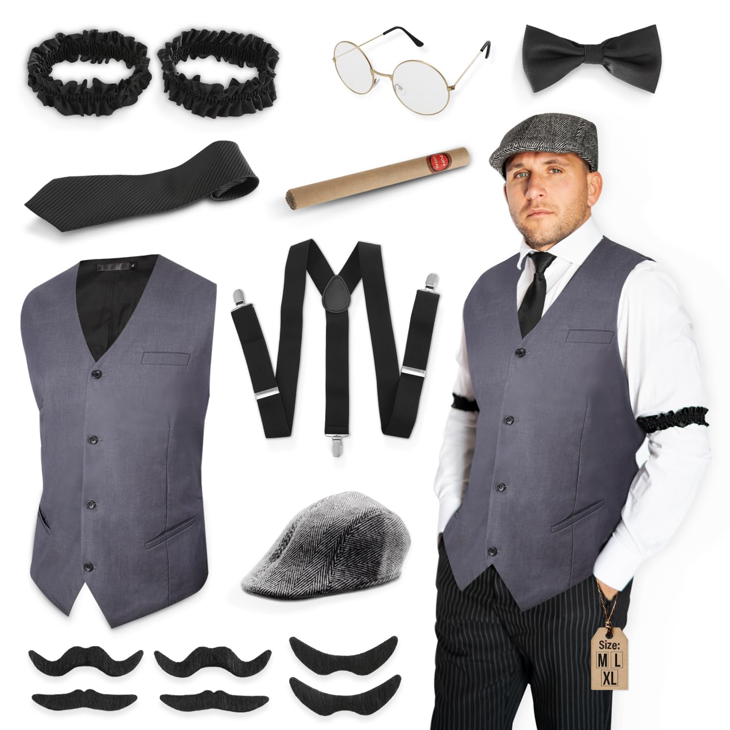 Festicy Disfraz de los años 20 para hombre, disfraz de mafia, disfraz de carnaval con accesorios, chaleco, sombrero panamá, tirantes y más, disfraz de Peaky Blinders, accesorios de los años 20