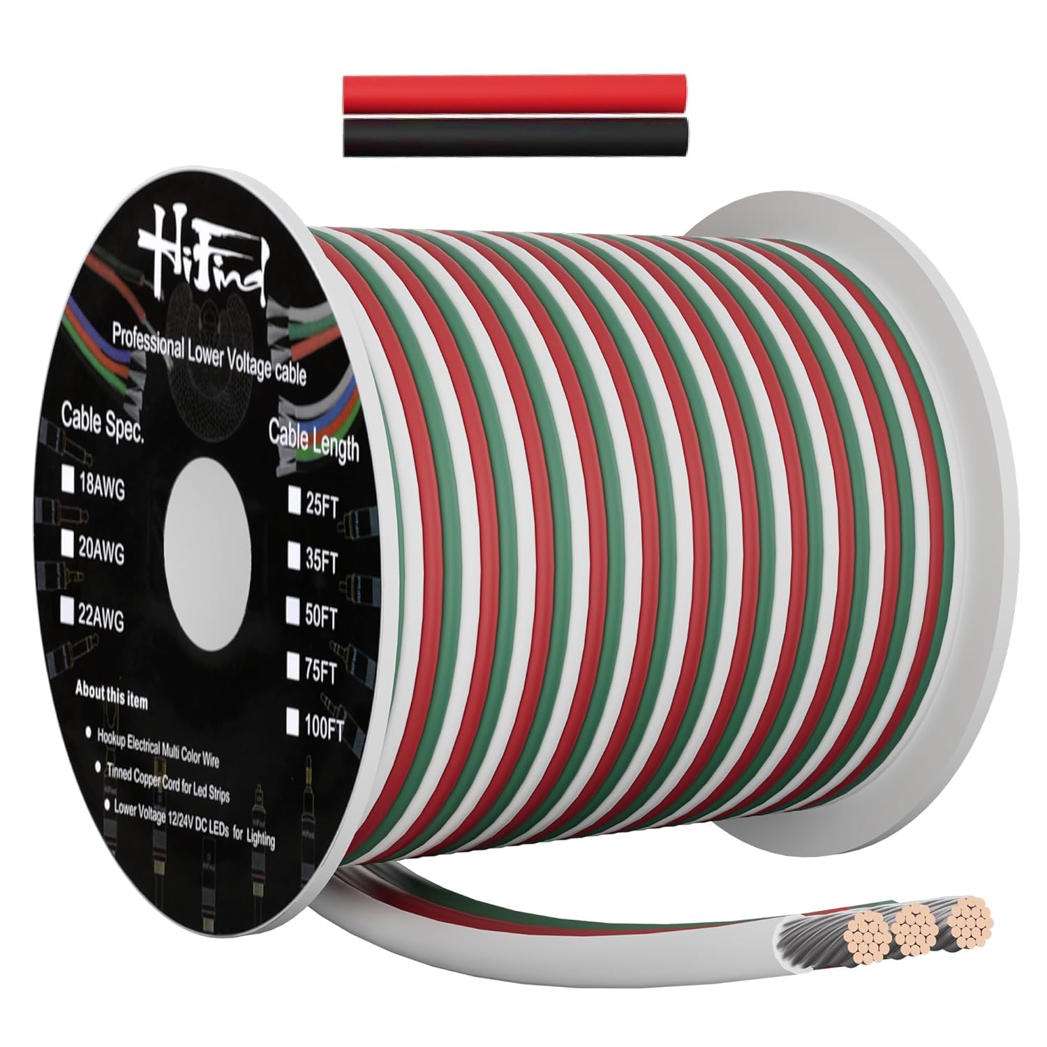HiFind 22 Gauge 3 Conductor Electrical Wire 50 Ft, 22 AWG 3 Color Stranded Tinned Copper Low Voltage Hook up LED Lamp Lighting Strips Automotive Wire, Flexible 12V/24V 3 Pin RGB Extension Cable Cord