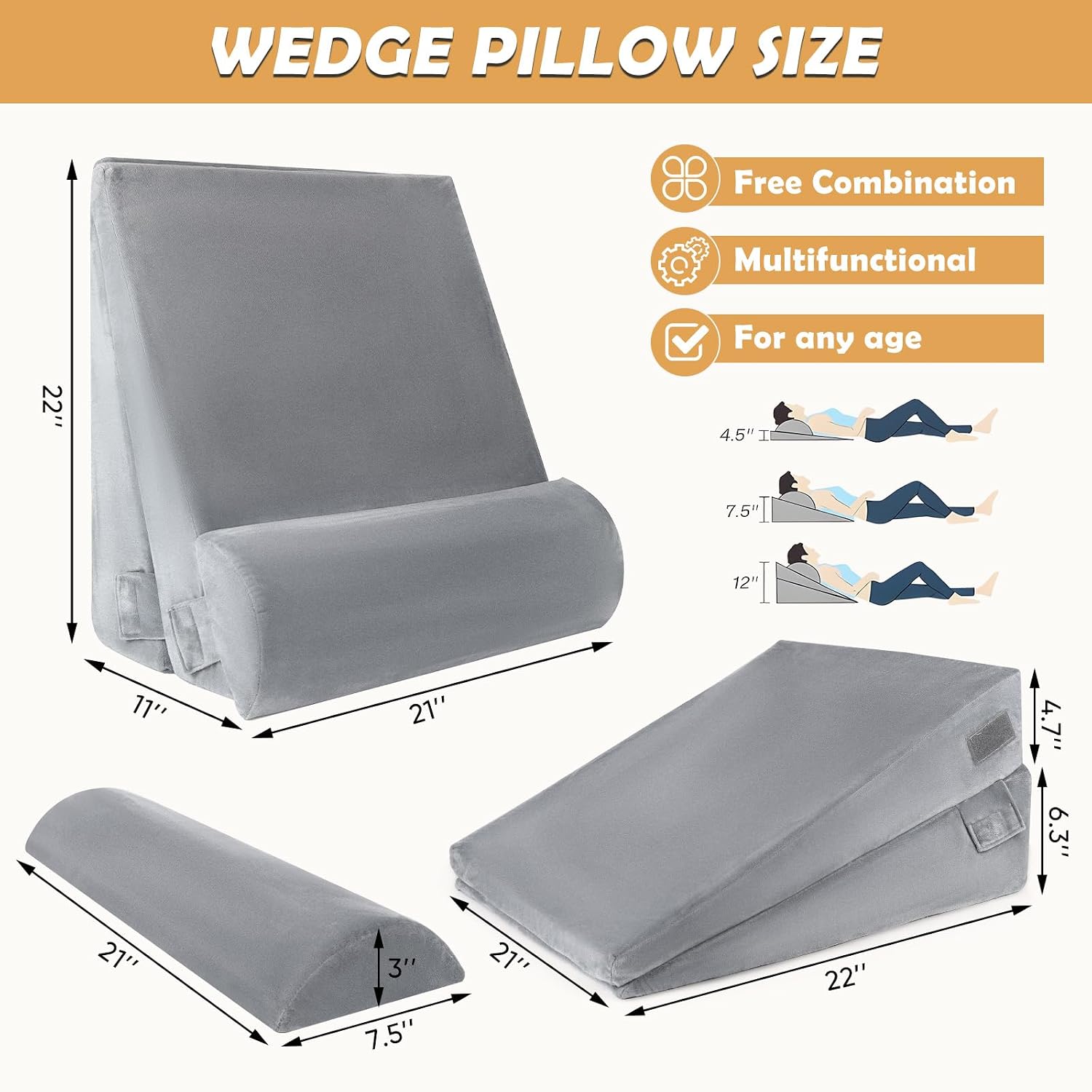 Wedge Pillow Set for After Surgery Adjustable 3 Pieces Bed Wedge Pillow for Sleeping -Sleep Apnea, Acid Reflux, Snoring, Neck Pain,Back Pain and Legs Pain Relief for Adults (Grey, 3 Set)