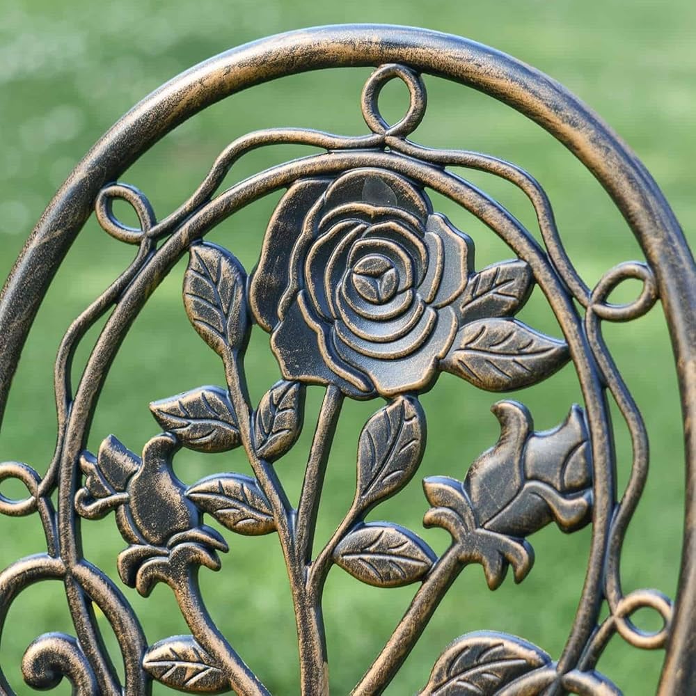 Juego de 3 piezas de bronce cepillado – Muebles de comedor de aluminio fundido de dos plazas para jardín, balcón y uso al aire libre – Elegante y duradero juego de mesa y sillas